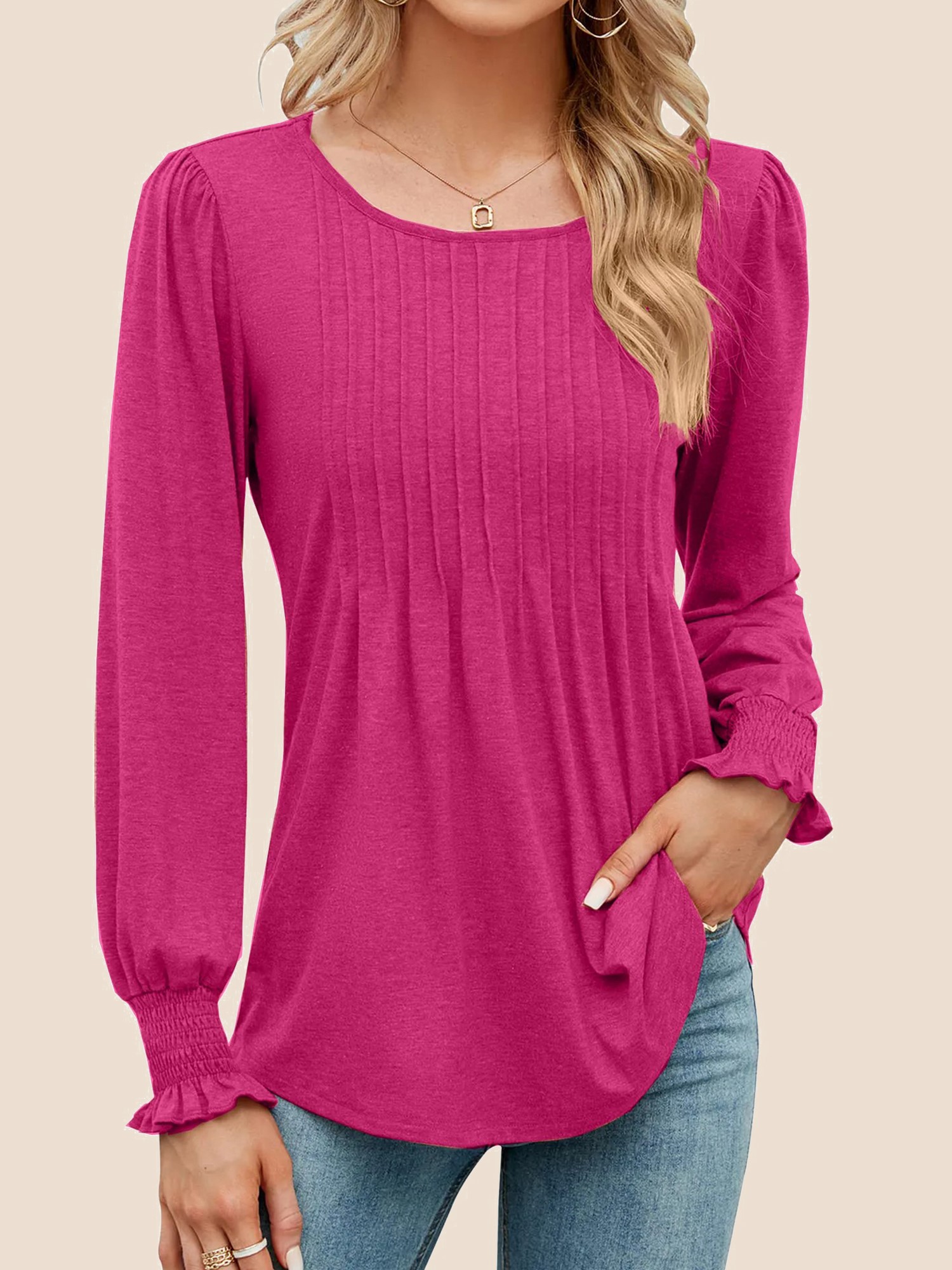 Women's Pleated Puff Long Sleeve Tunic Tops (Buy 2 Free Shipping) 