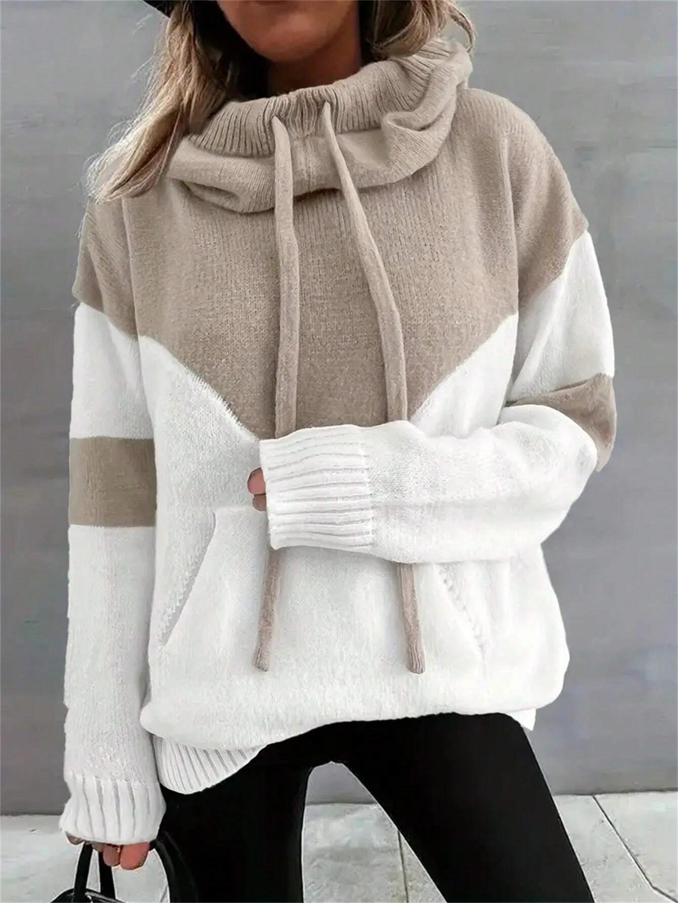 High Neck Striped Hooded Knit Sweater with Pockets (Buy 2 Free Shipping)