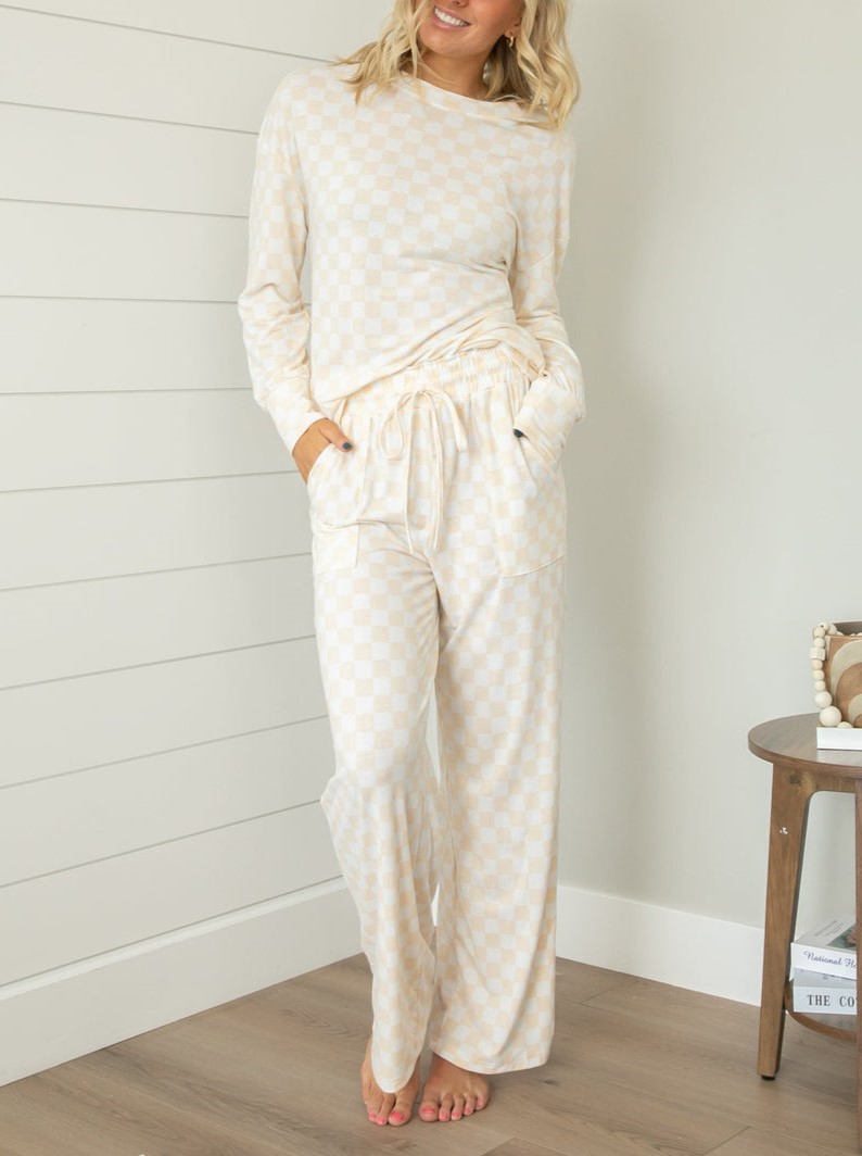 Plaid Print Long-Sleeved Top And Wide-Leg Pants Casual Pajama Set【Buy Two Free Shipping】