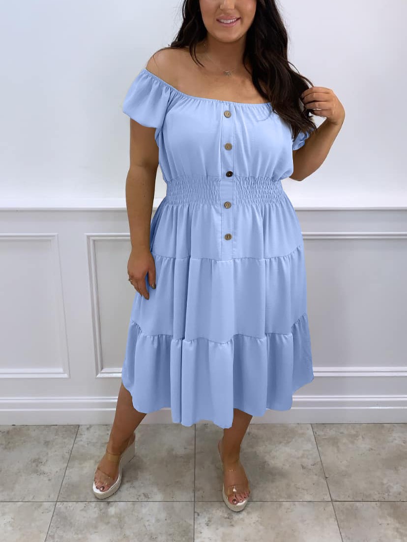 Off-Shoulder Button-Pleated Tiered Midi Dress