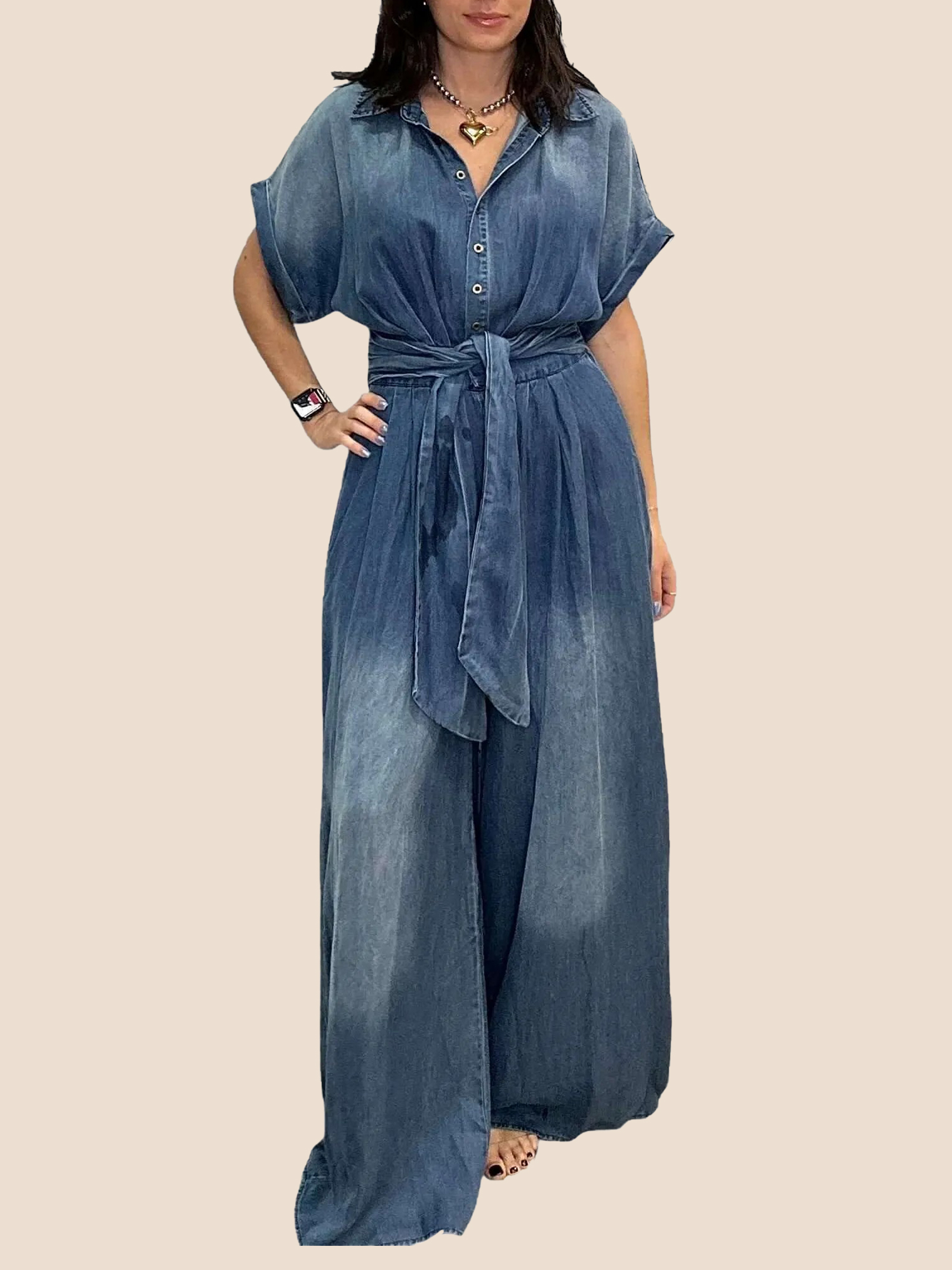 Women's Tie-Waist Wide-Leg Denim Jumpsuit (Buy 2 Free Shipping)