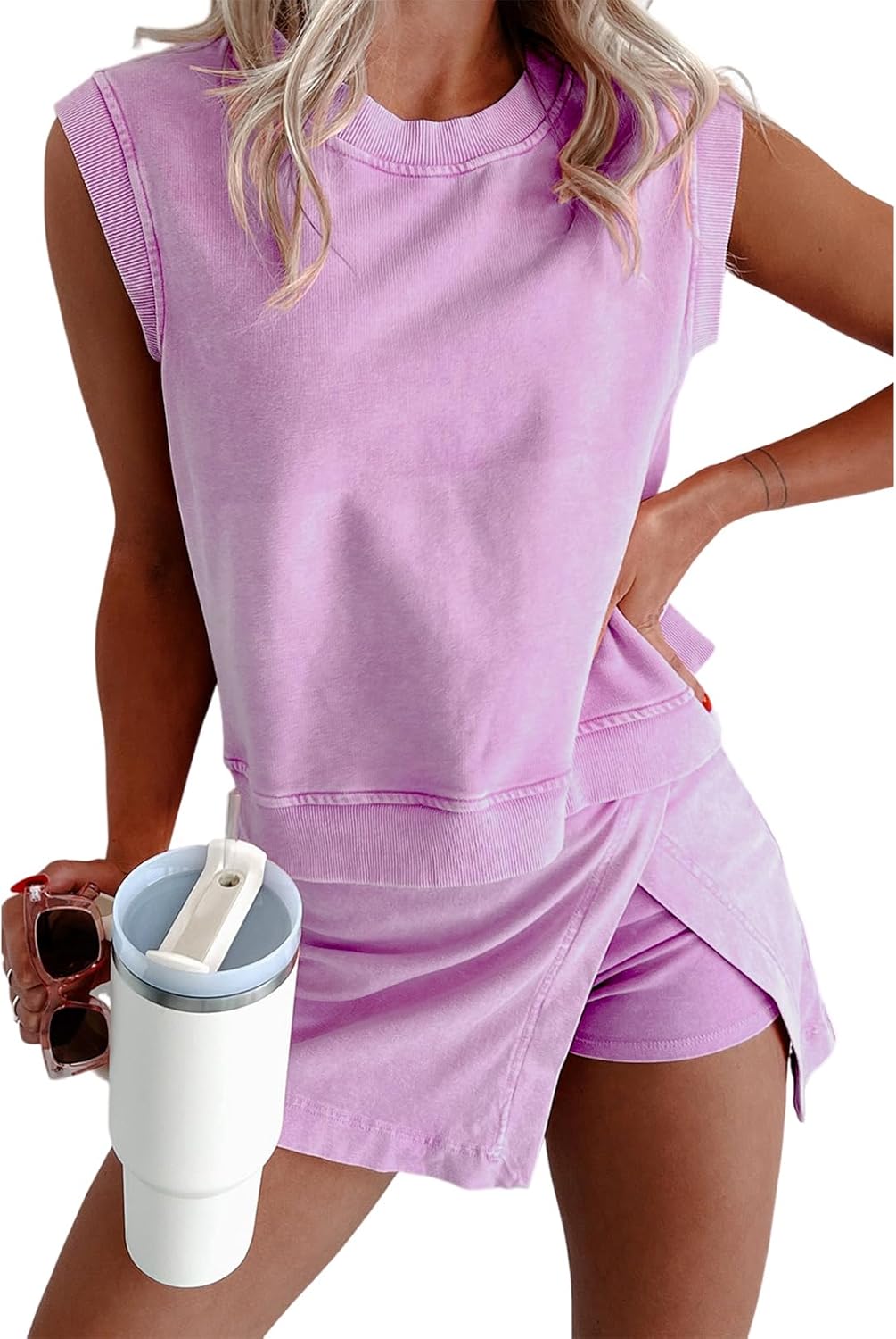 Women's Mineral Wash Tank Top and Slit Skort Set (Buy 2 Free Shipping)