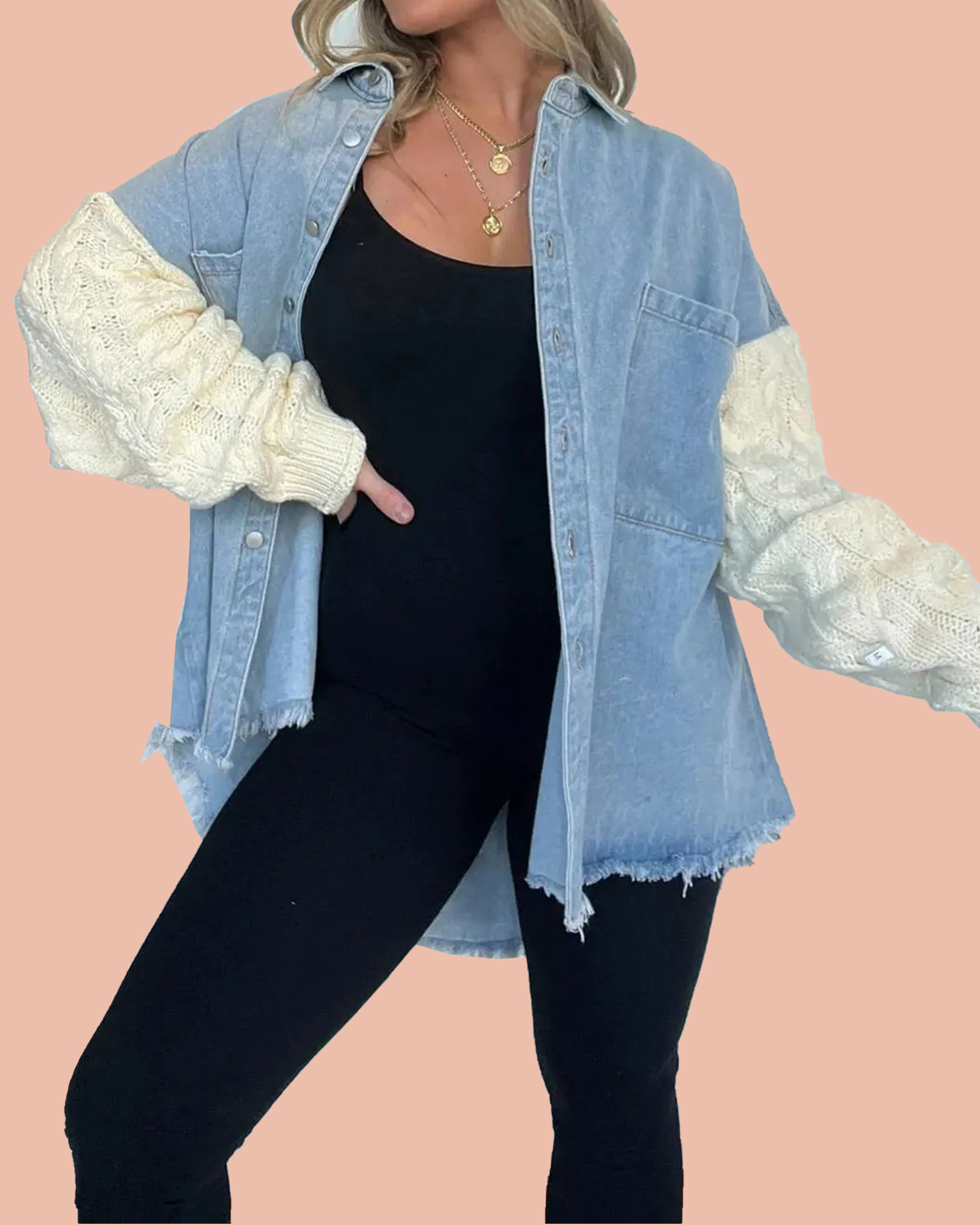 Cozy Sweater Sleeve Denim Shacket (Buy 2 Free Shipping)