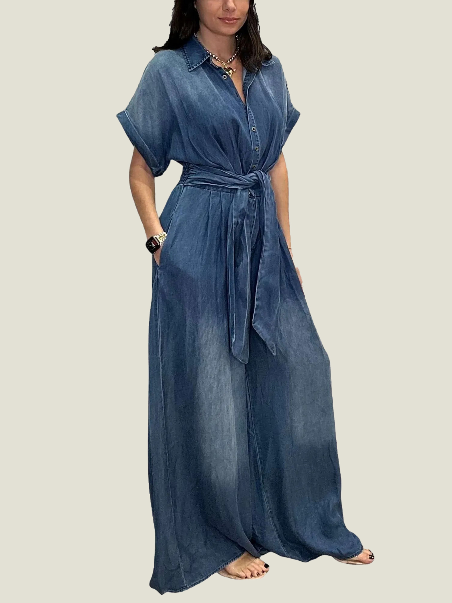 Women's Tie-Waist Wide-Leg Denim Jumpsuit (Buy 2 Free Shipping)