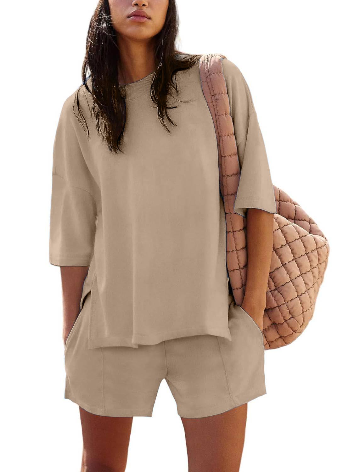 Women's Casual Solid Color Suit with Slit Top and Shorts (Buy 2 Free Shipping) 