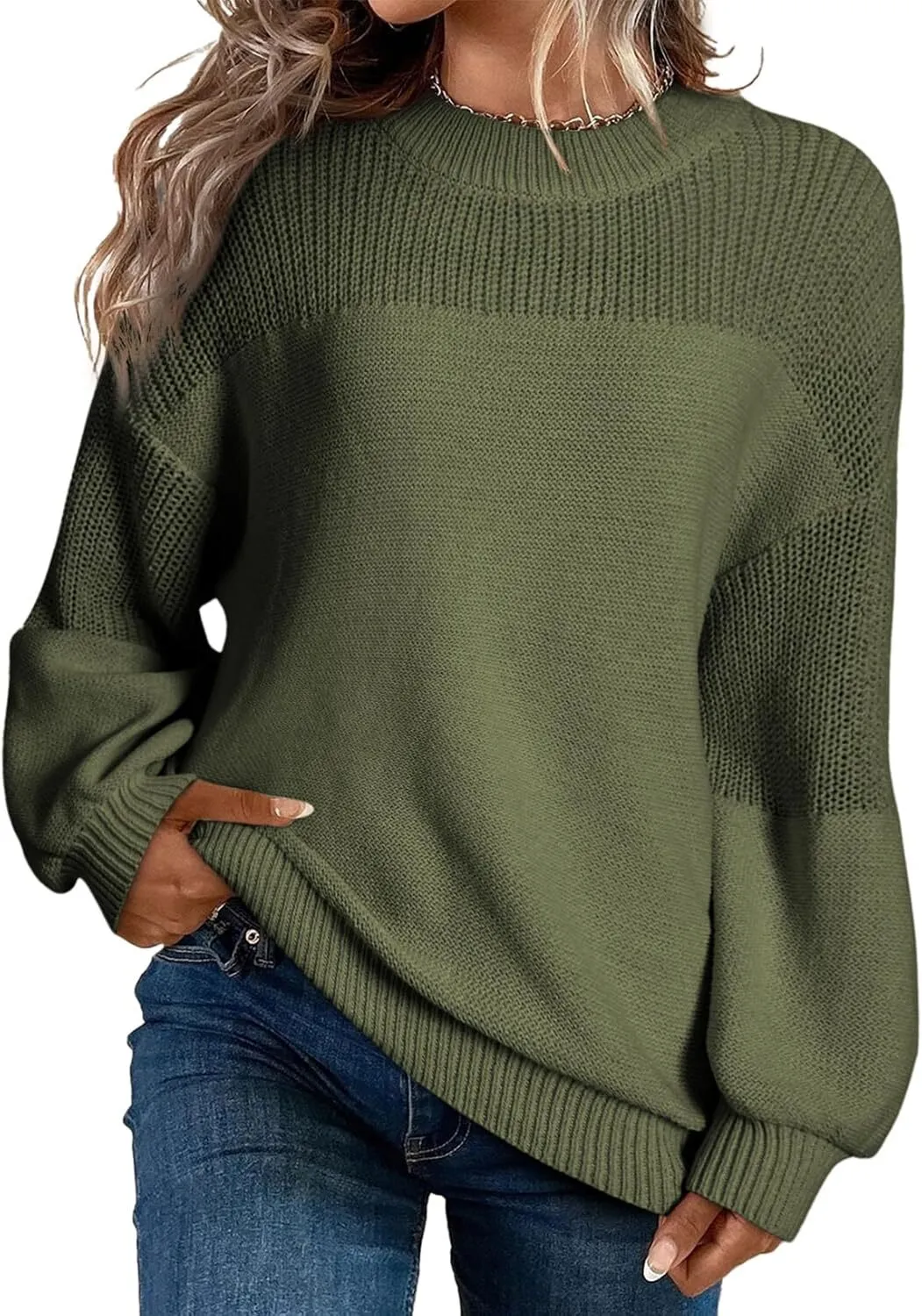 Women's Casual Long Sleeve Loose Crewneck Knit Solid Sweaters  (Buy 2 Free Shipping)