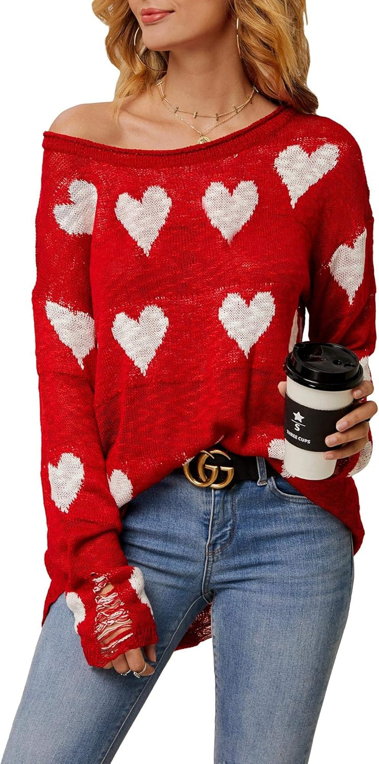  💕Women Off Shoulder Knitted Hearts Printed Ripped Sweater (Buy 2 Free Shipping)