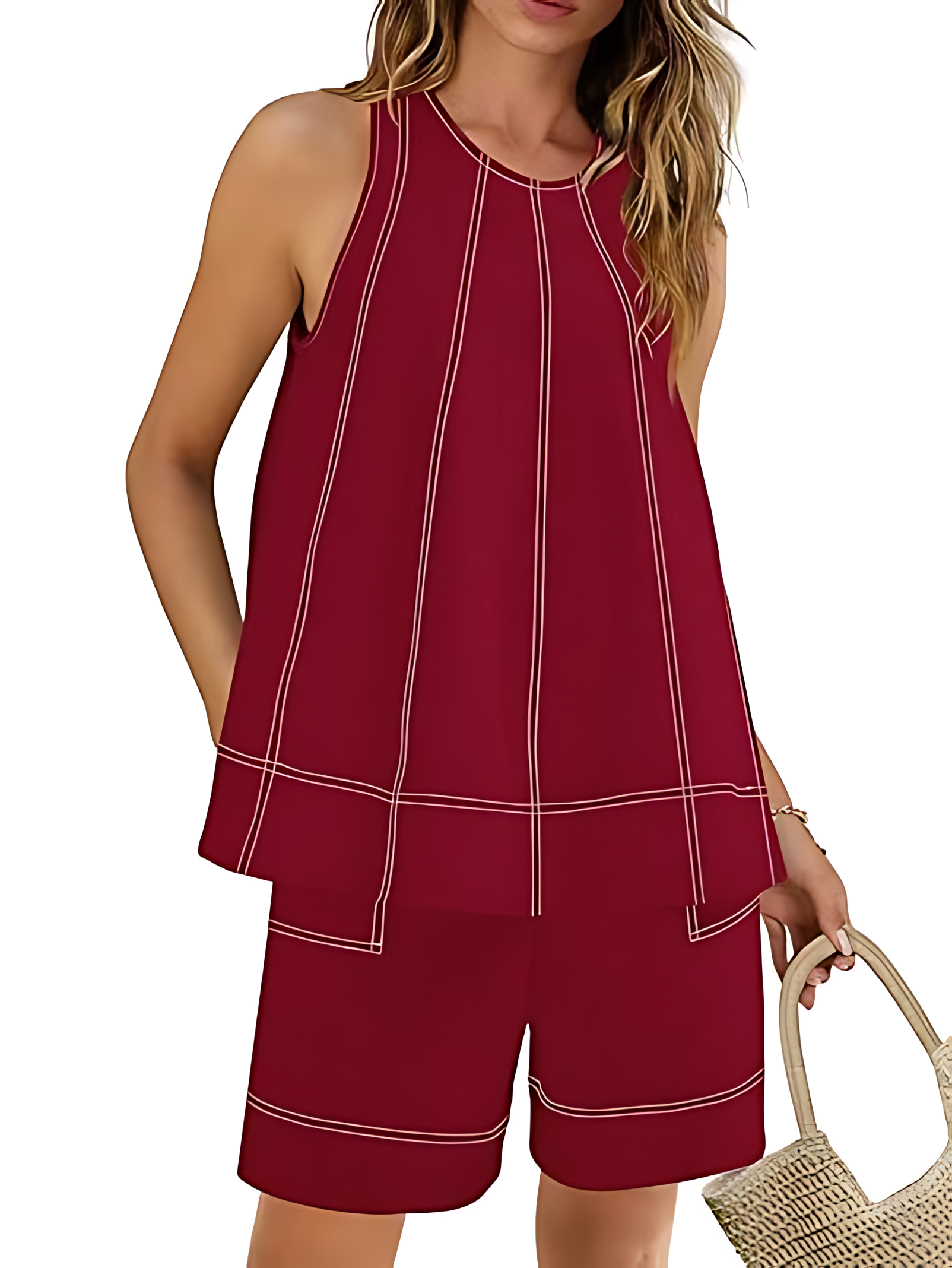 Women's A Line Tank Tops Contrast Stitching High Waist Shorts Sets(Buy 2 Free Shipping)