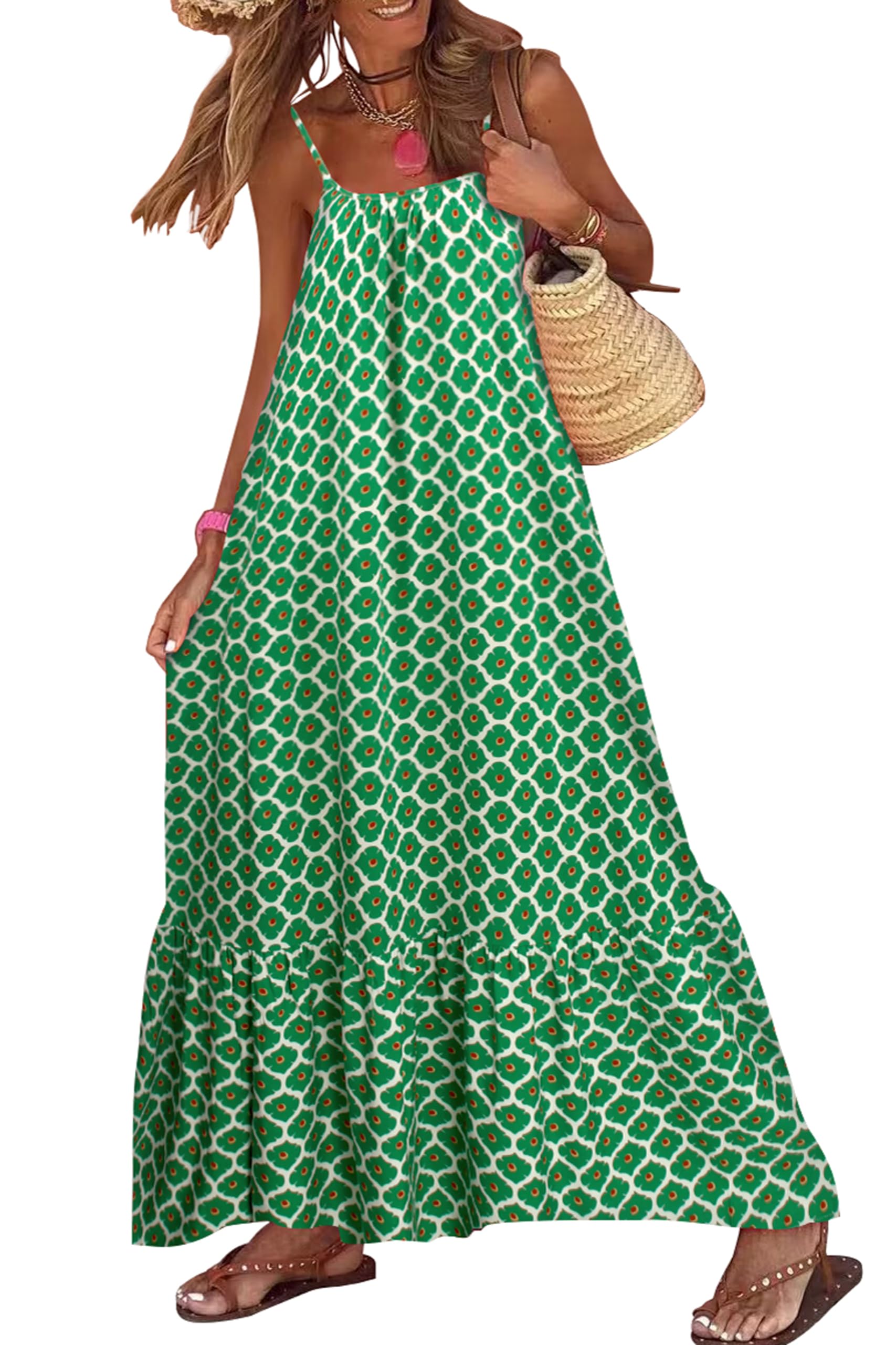 Women's Spaghetti Strap Ruffled Bohe Maxi Dress