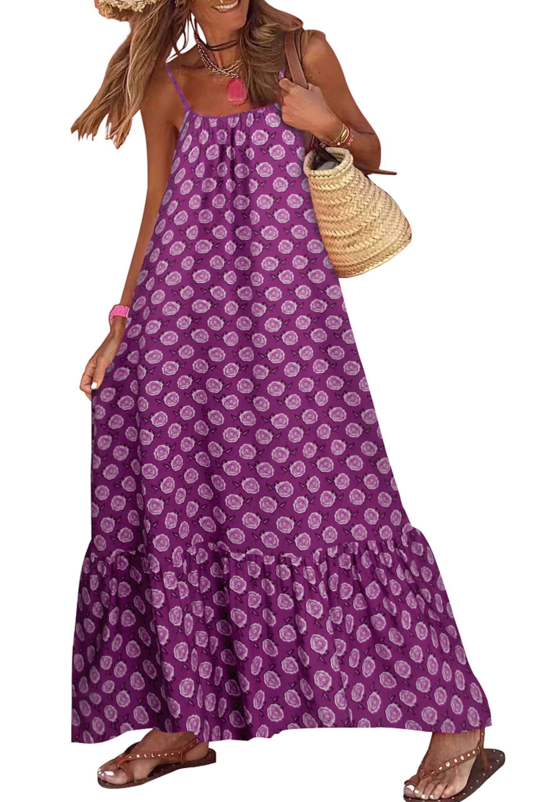 Women's Spaghetti Strap Ruffled Bohe Maxi Dress