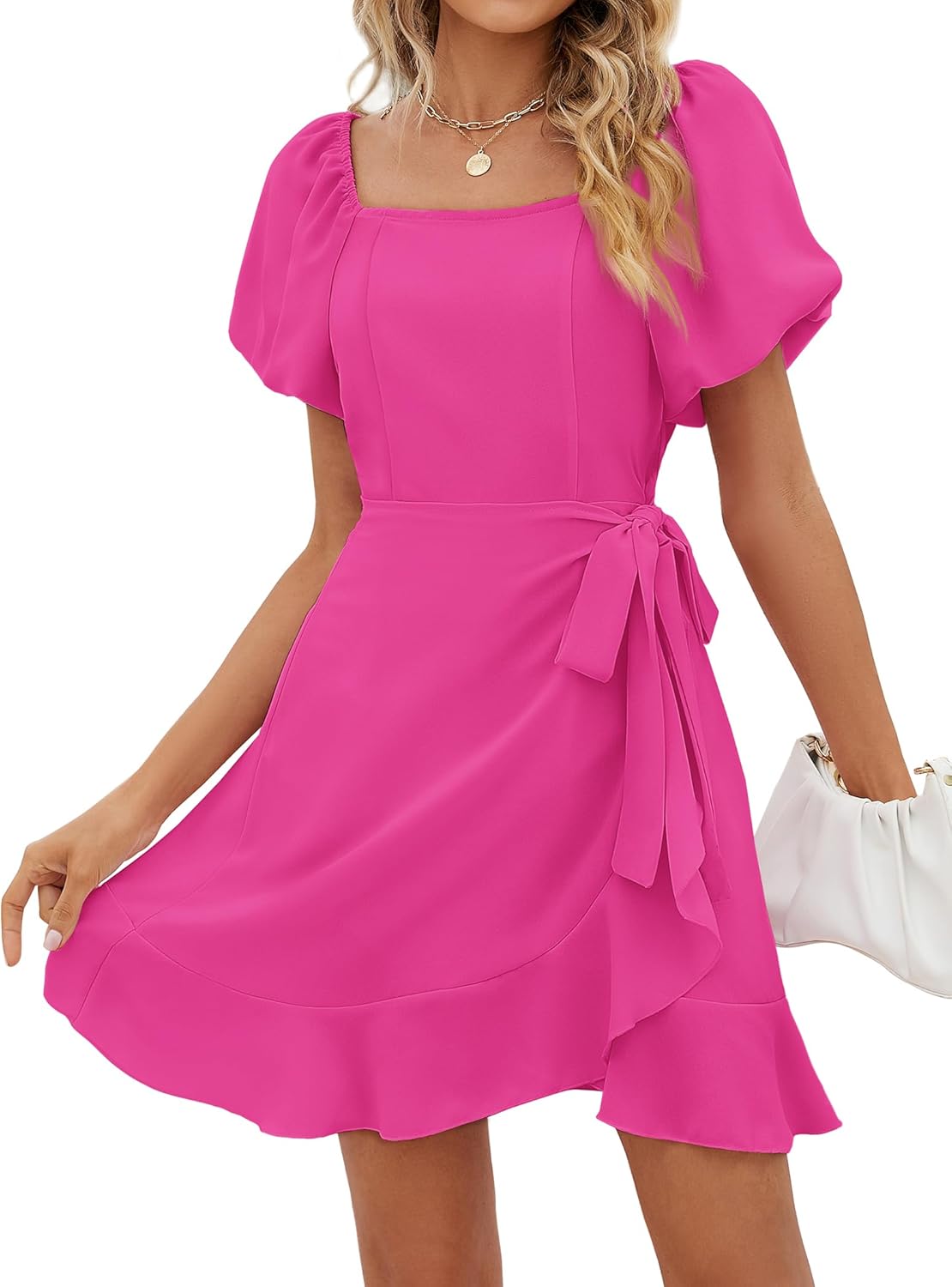  Women's Summer Square Neck Puff Sleeve Tie Waist Short Dress(Buy 2 Free Shipping)