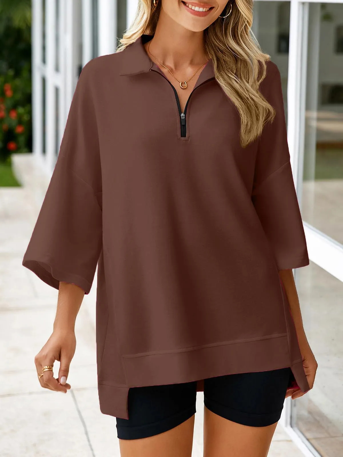 ✨Women's Oversized 3/4 Sleeve Zippered V Neck High Low Hem Pullover (Buy 2 Free Shipping)