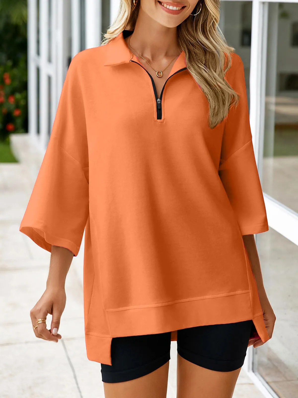 ✨Women's Oversized 3/4 Sleeve Zippered V Neck High Low Hem Pullover (Buy 2 Free Shipping)