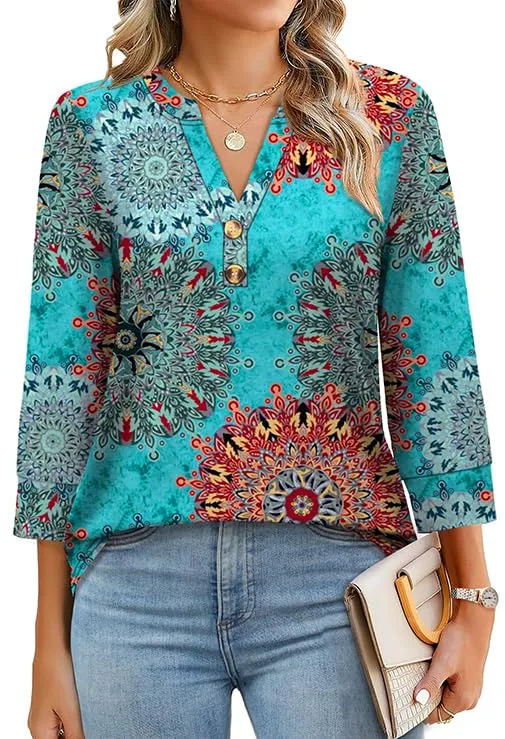 ✨Women's 3/4 Sleeve Henley Button V neck Tops (Buy 3 free shipping)