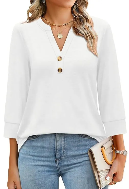 ✨Women's 3/4 Sleeve Henley Button V neck Tops (Buy 3 free shipping)