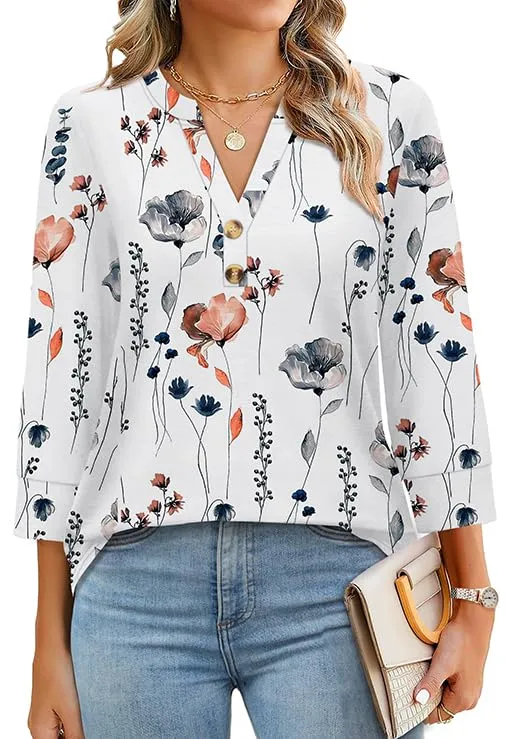 ✨Women's 3/4 Sleeve Henley Button V neck Tops (Buy 3 free shipping)