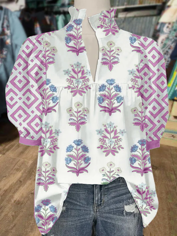 Women's Floral Print V Neck Puff Sleeve Top（Buy 2 Free Shipping）