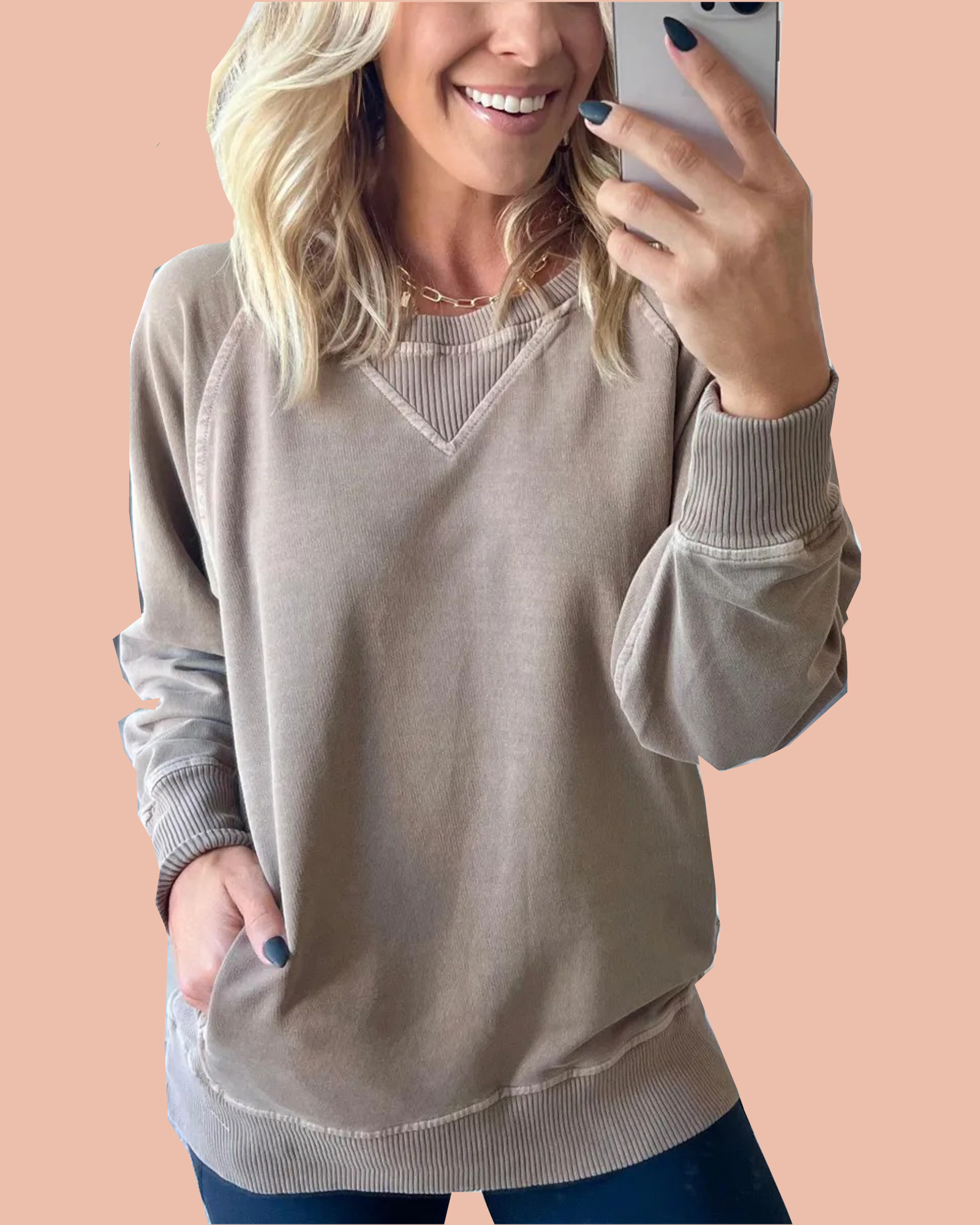 Women's Ribbed Accent Pocketed Pullover (Buy 2 Free Shipping)