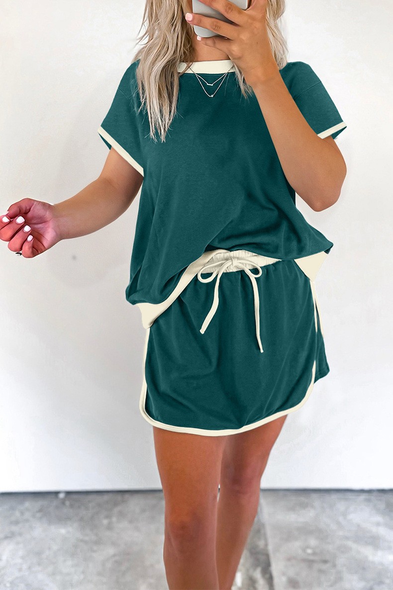 Women's Colorblock Drop Shoulder T Shirt Skort 2Pcs Set