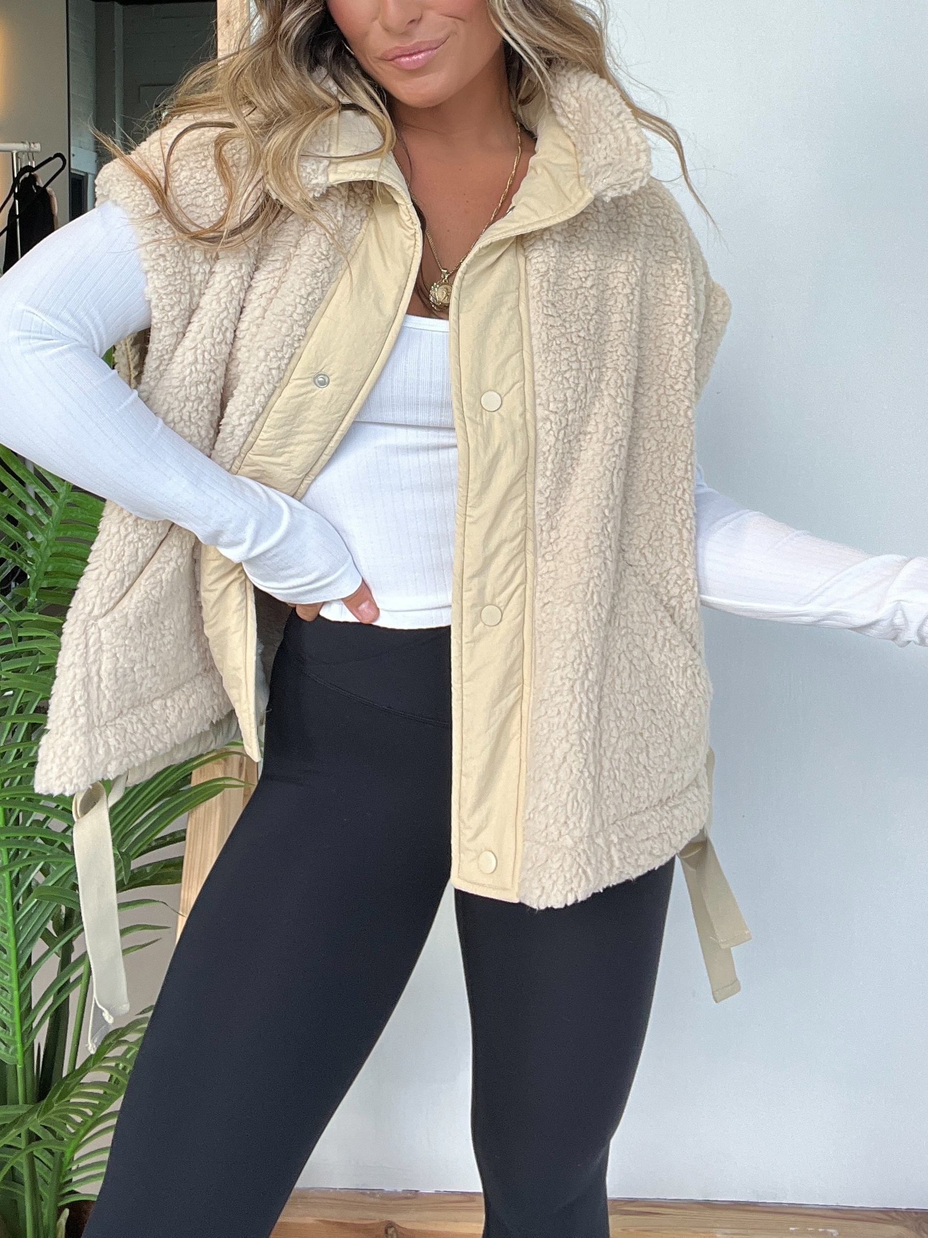 Sleeveless Button Paneled Sherpa Vest with Pockets (Buy 2 Free Shipping)