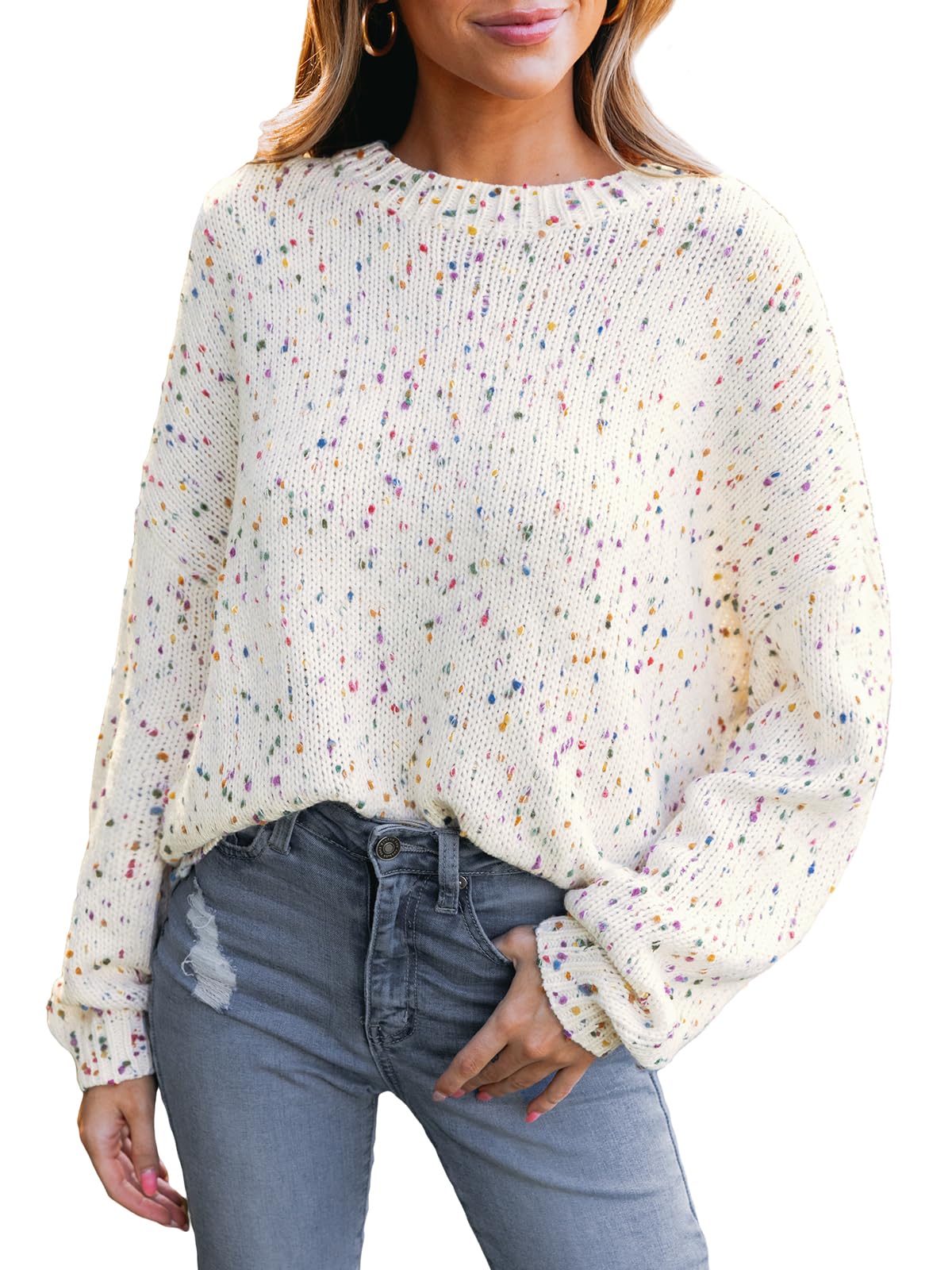 Women's  Rainbow Pom Ribbed Knit Long Sleeve  Sweater(Buy 2 Free Shipping)