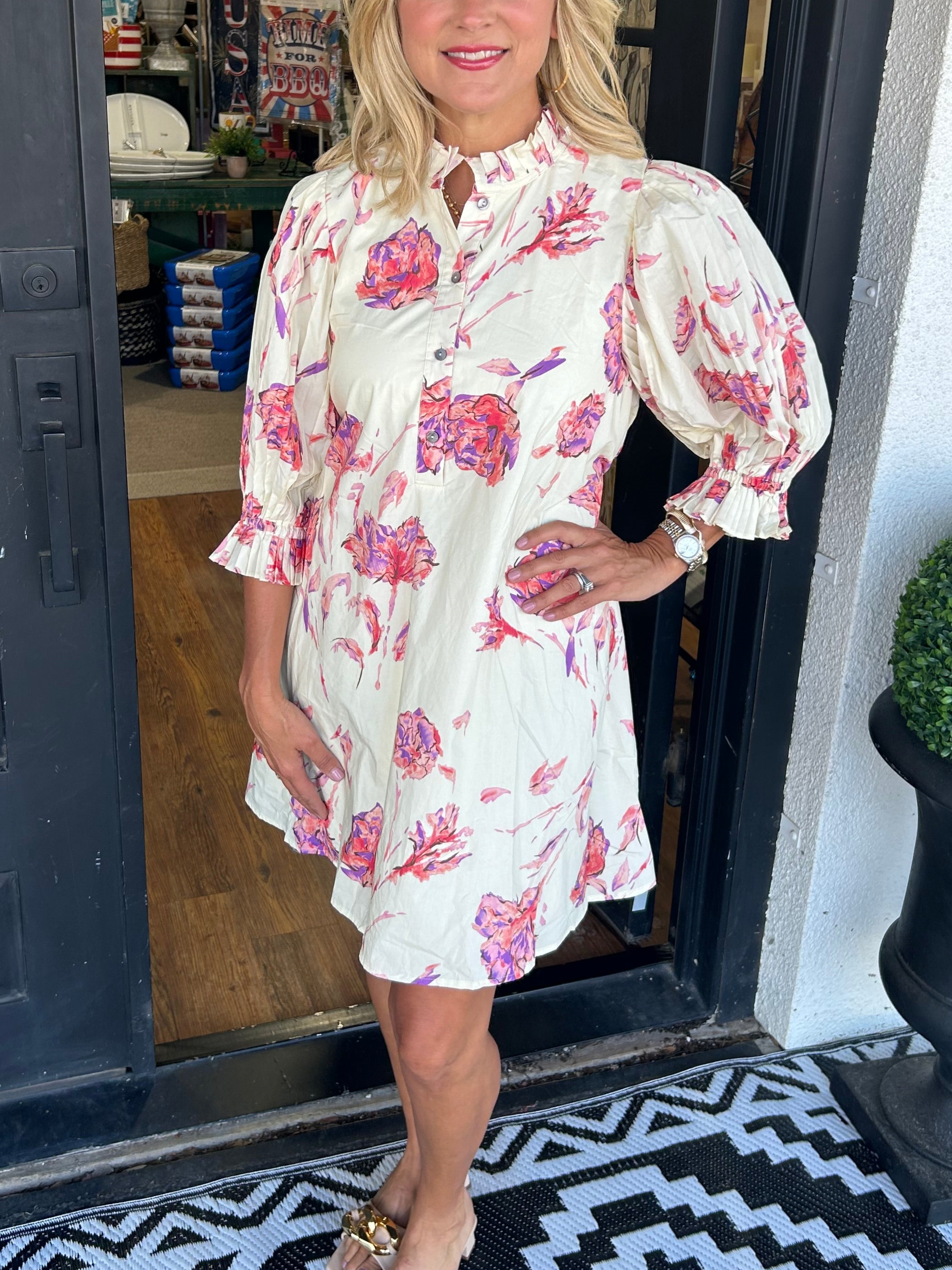  Women's Floral Puff Sleeve Pleated Dress (Buy 2 Free Shipping)