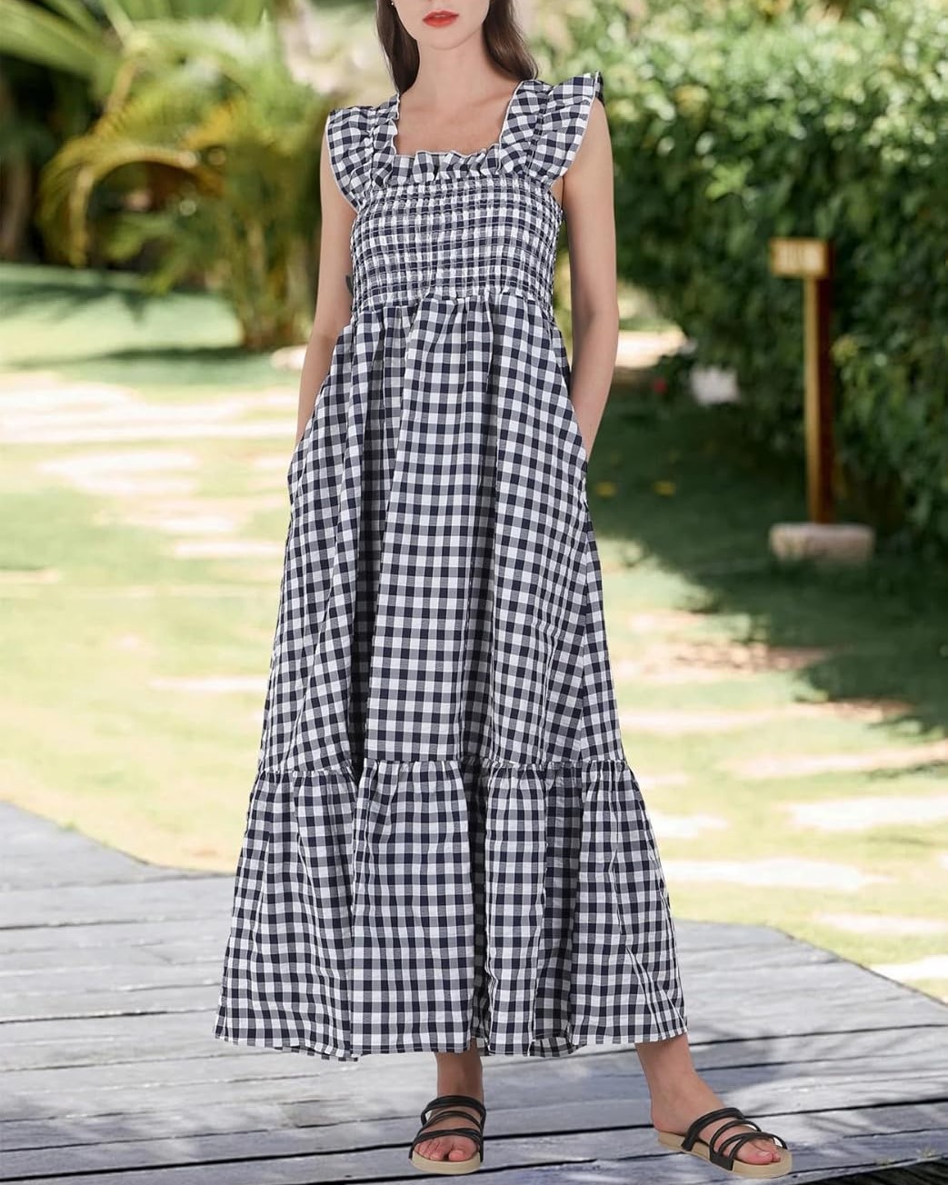 Plaid Ruffle Spaghetti Strap Ruffle Sleeve Dress With Pockets(Buy 2 Free Shipping)