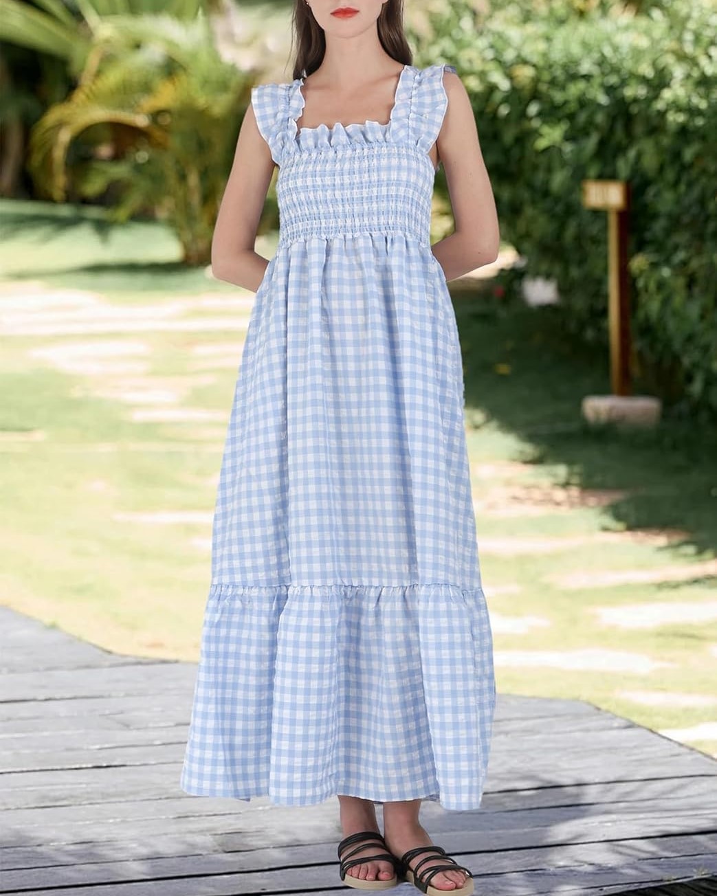 Plaid Ruffle Spaghetti Strap Ruffle Sleeve Dress With Pockets(Buy 2 Free Shipping)