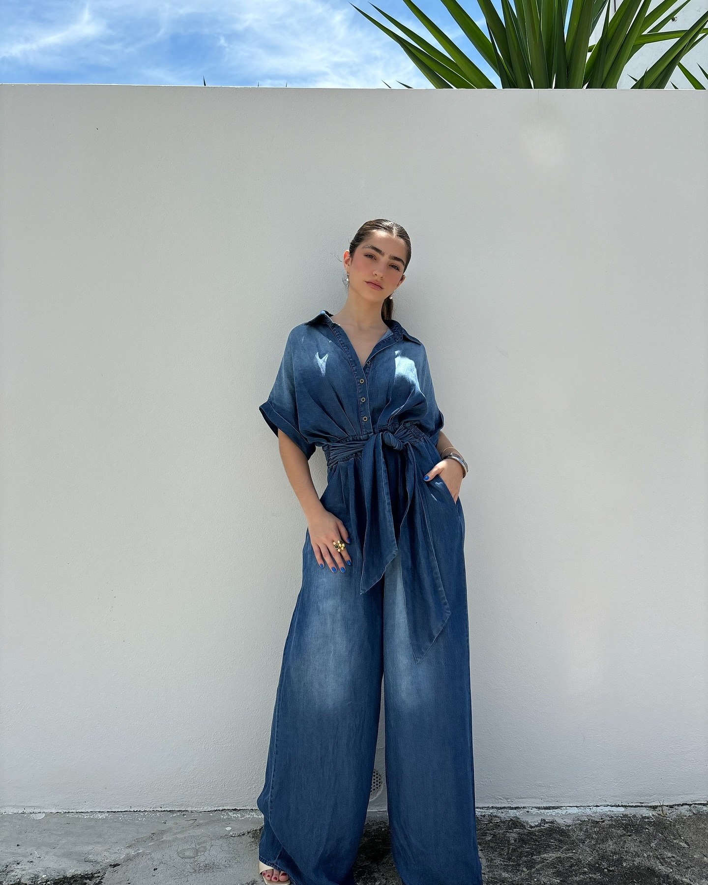 Casual Bat-Sleeve Tie-Waist Denim Wide-Leg Jumpsuit (Buy 2 Free Shipping)