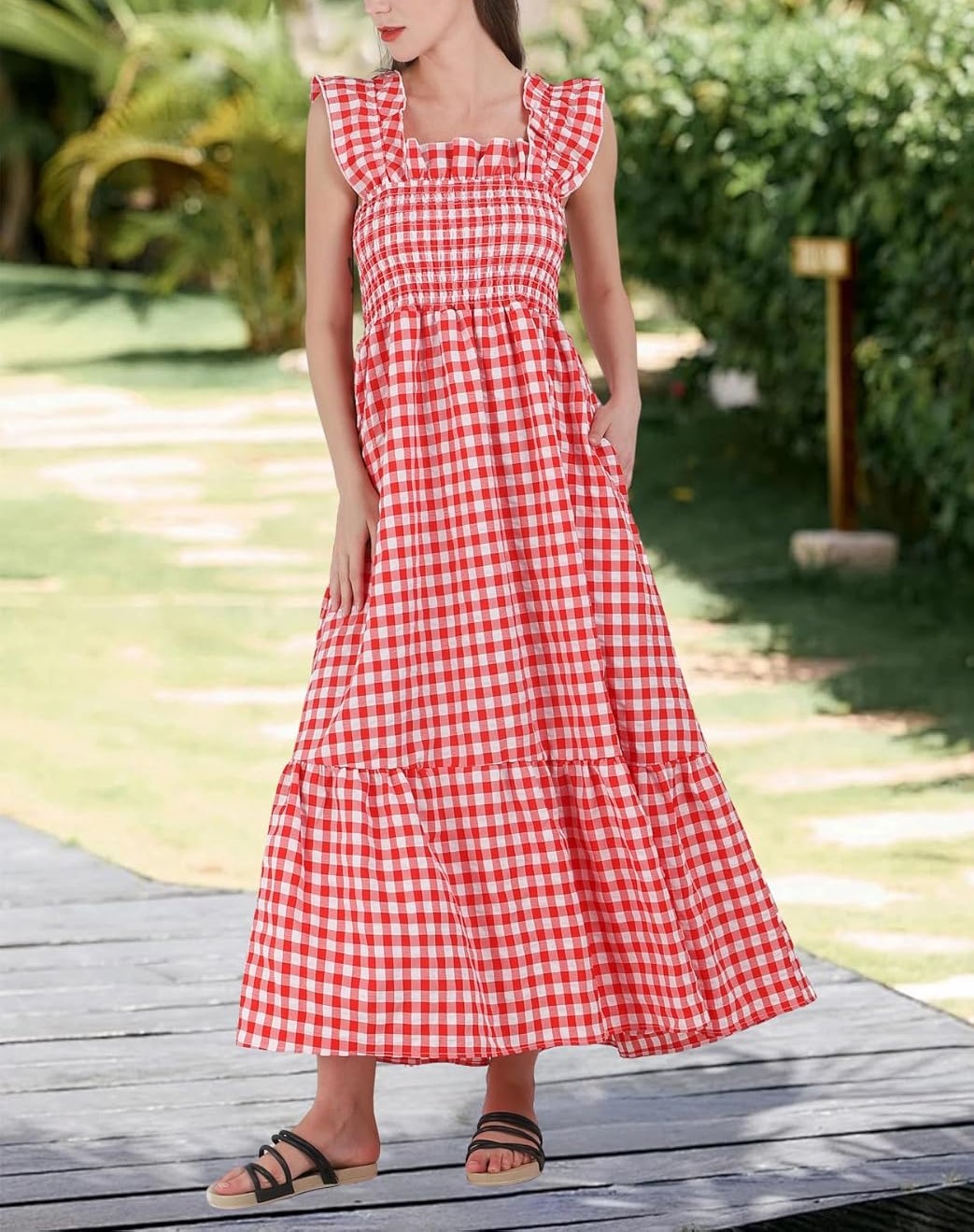Plaid Ruffle Spaghetti Strap Ruffle Sleeve Dress With Pockets(Buy 2 Free Shipping)