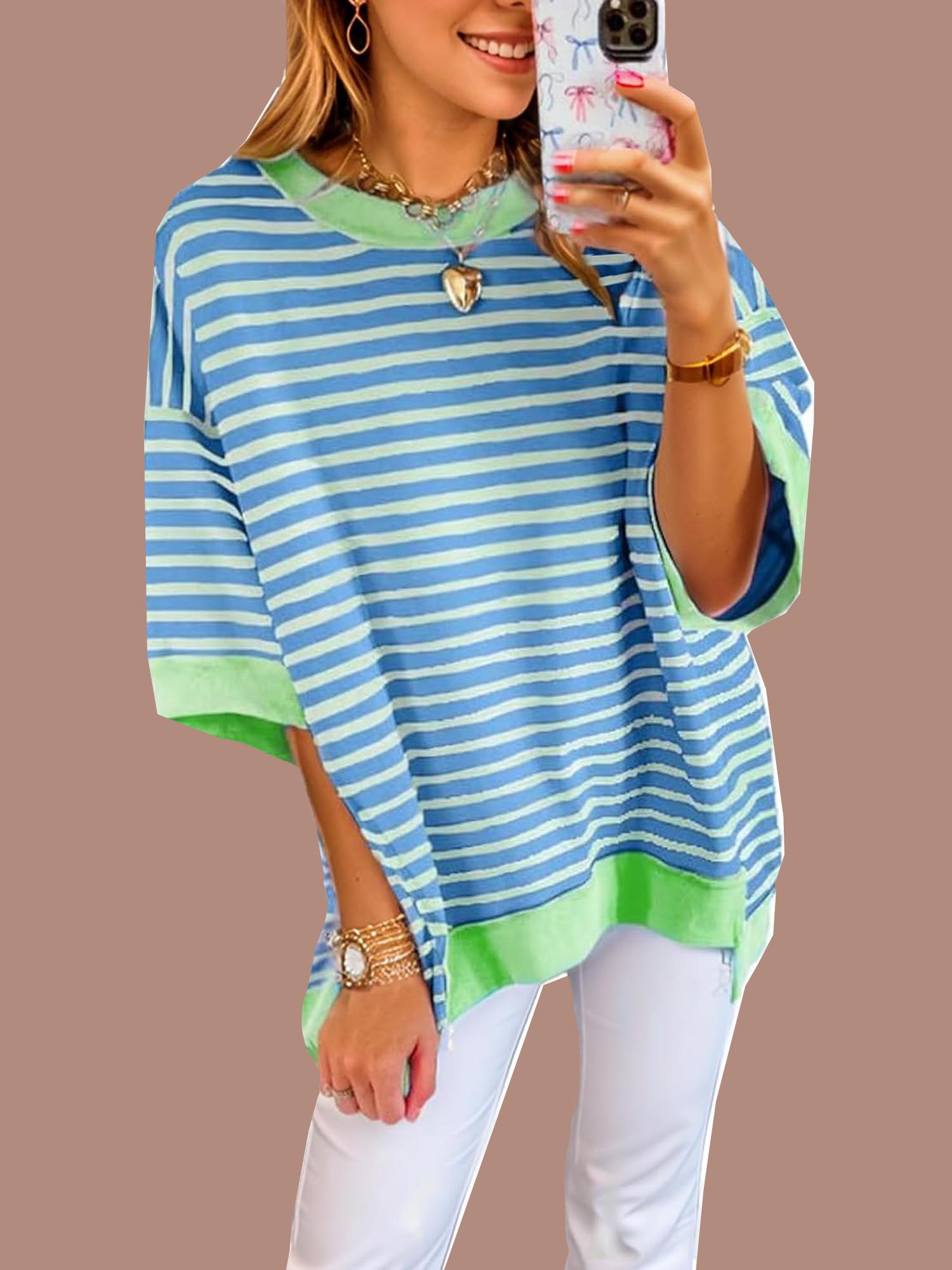 Women's Oversized Striped Color Block Half Sleeve Tops (Buy 2 Free Shipping) 