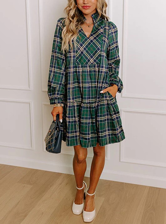 Women's Plaid Print Frilly Collar Long Sleeve Mini Dress