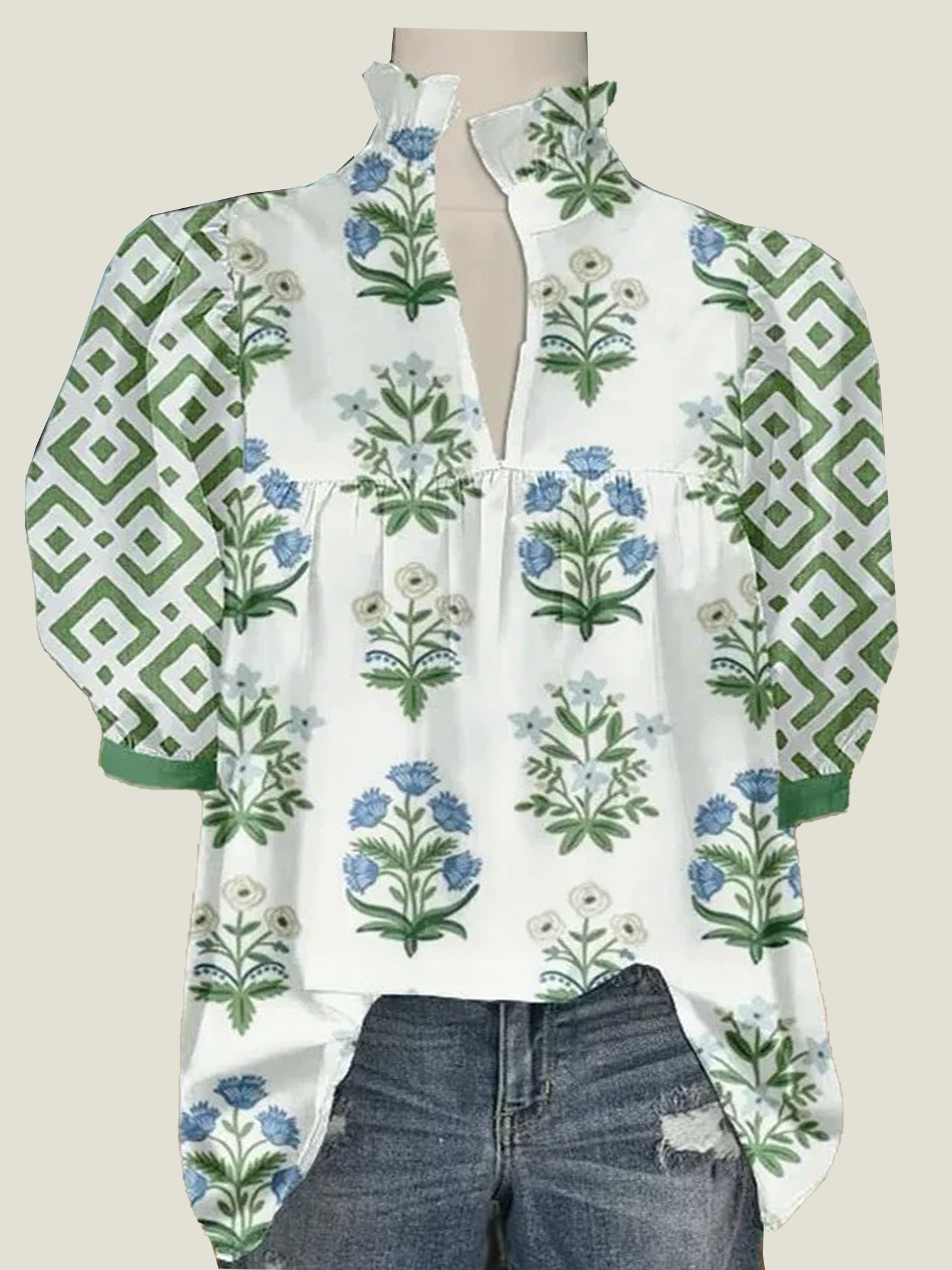 Women's V Neck Puff Sleeve Floral Print Blouse (Buy 2 Free Shipping)  