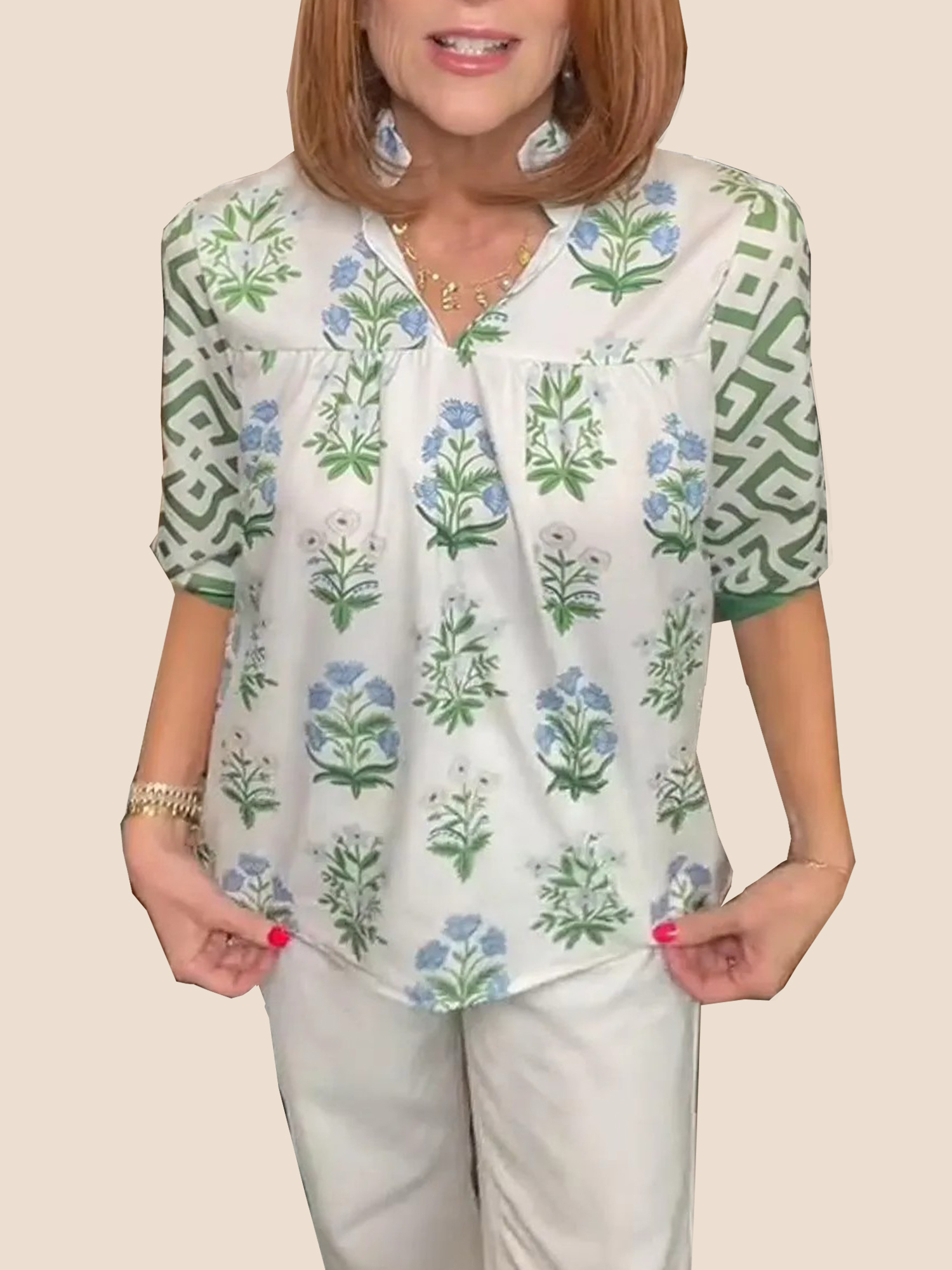 Women's V Neck Puff Sleeve Floral Print Blouse (Buy 2 Free Shipping)  