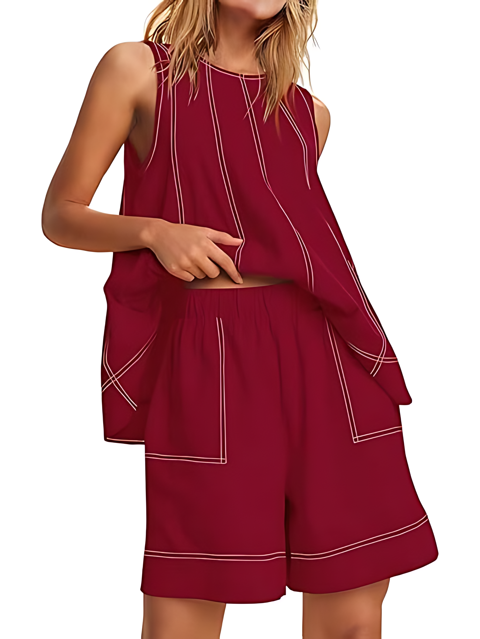 Women's A Line Tank Tops Contrast Stitching High Waist Shorts Sets(Buy 2 Free Shipping)