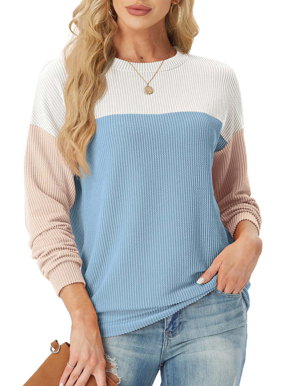Women's Color Block Long Sleeve Crewneck Ribbed Tops (Buy 2 Free Shipping)