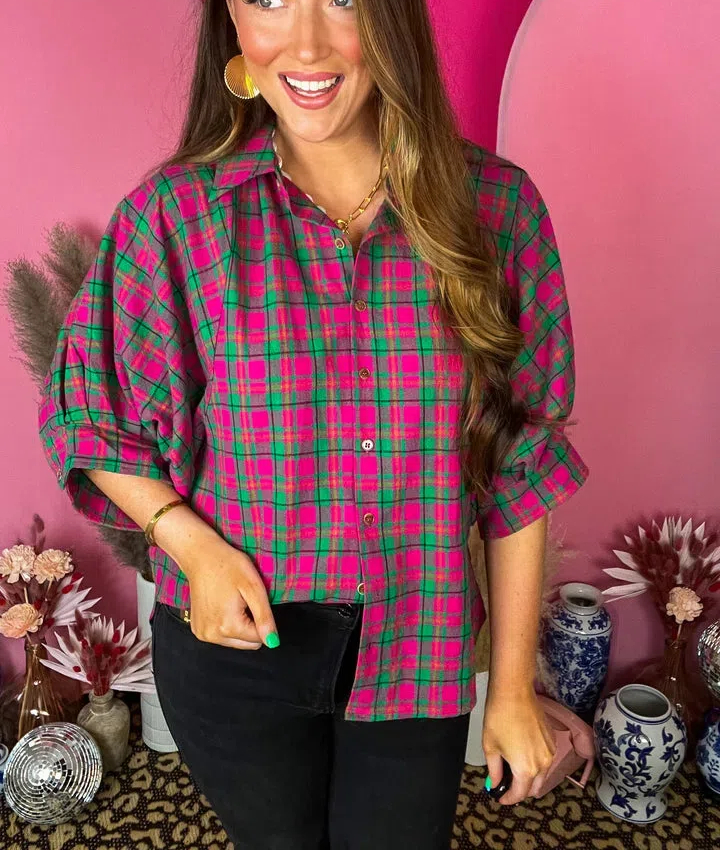 Oversize Plaid Button Down Top(Buy 2 Free Shipping)