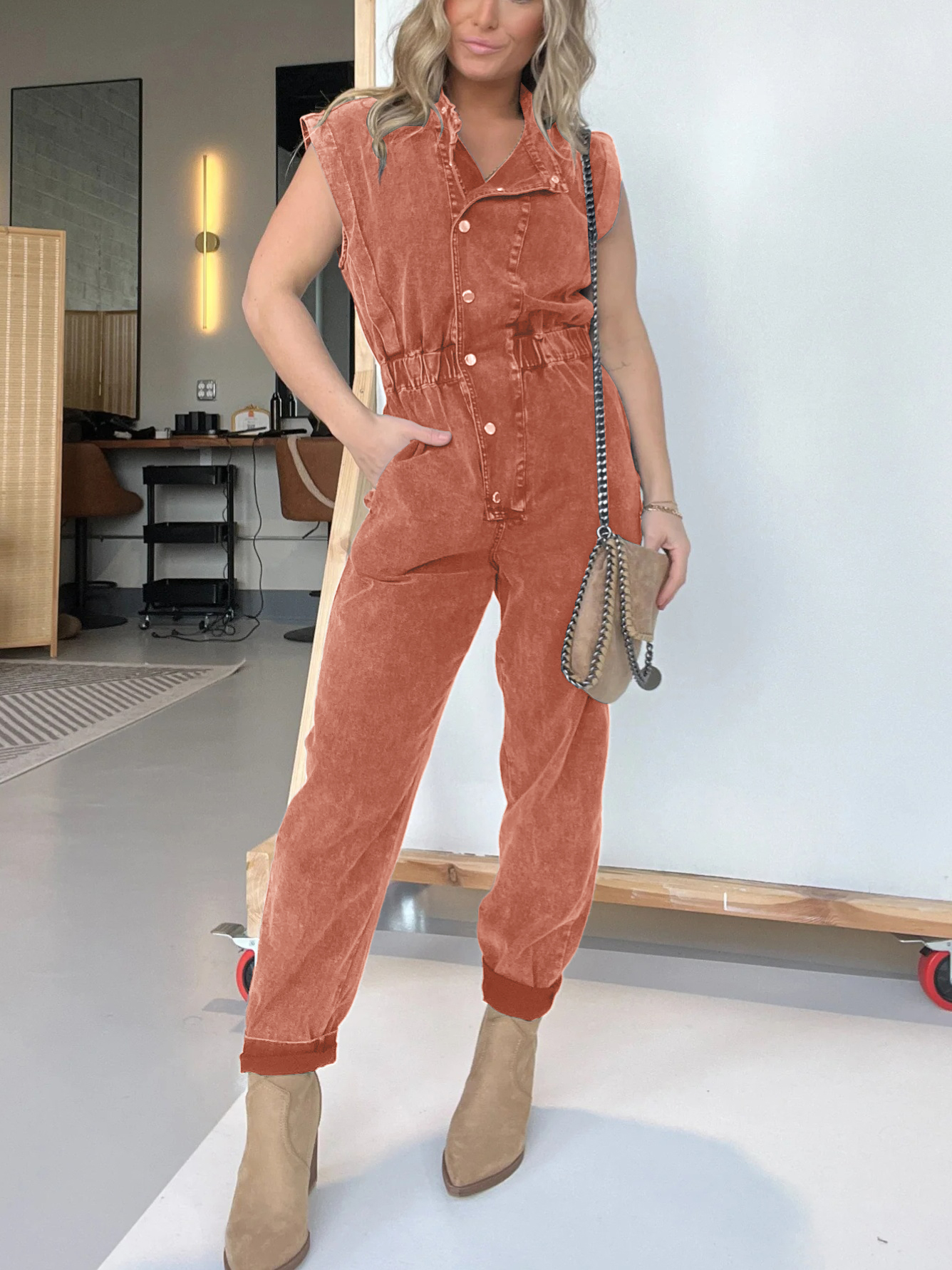 Sleeveless Denim Waisted Lightweight Jumpsuit