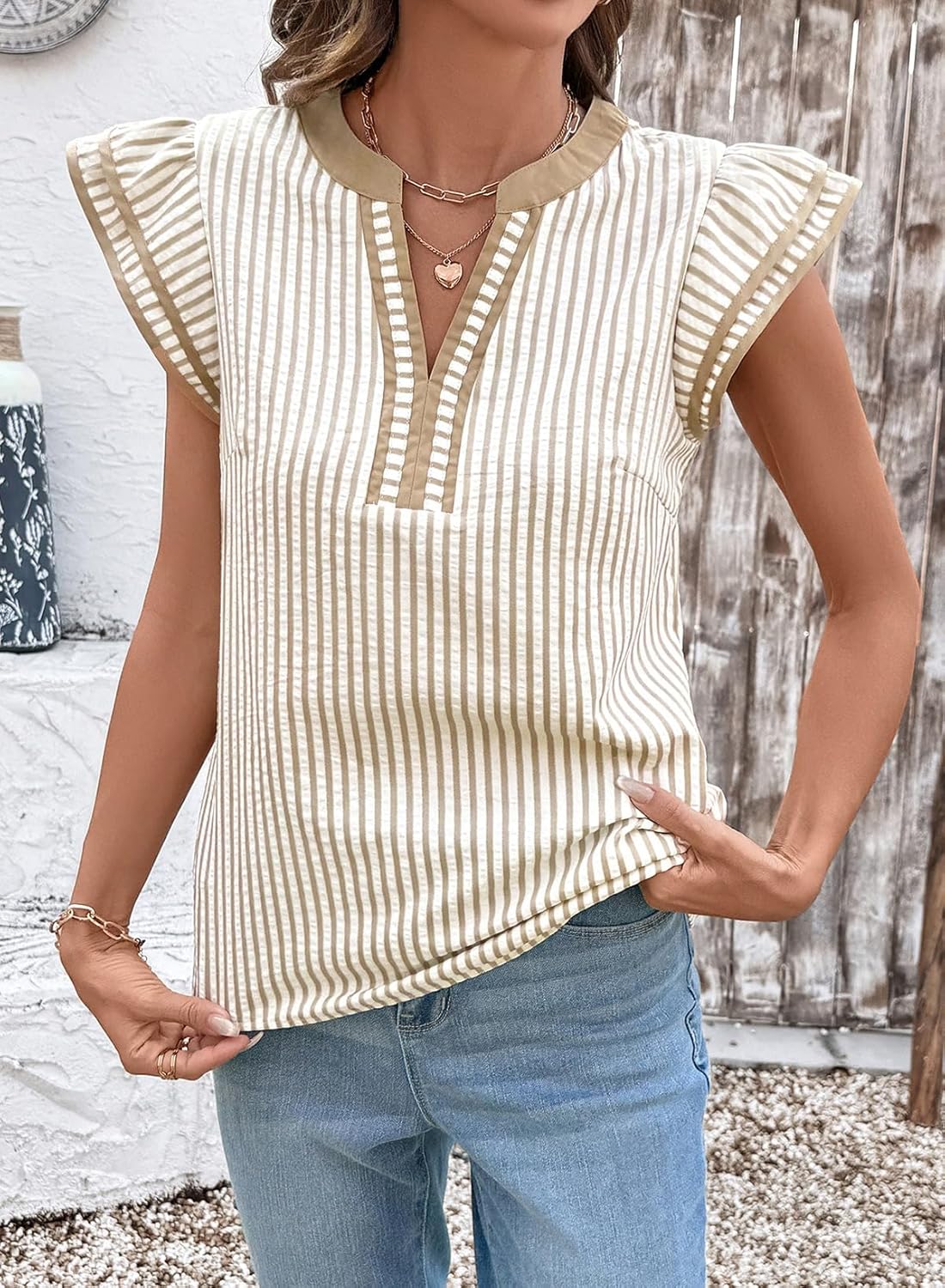 Women's Casual V Neck Cap Sleeve Striped Blouses (Buy 2 Free Shipping)