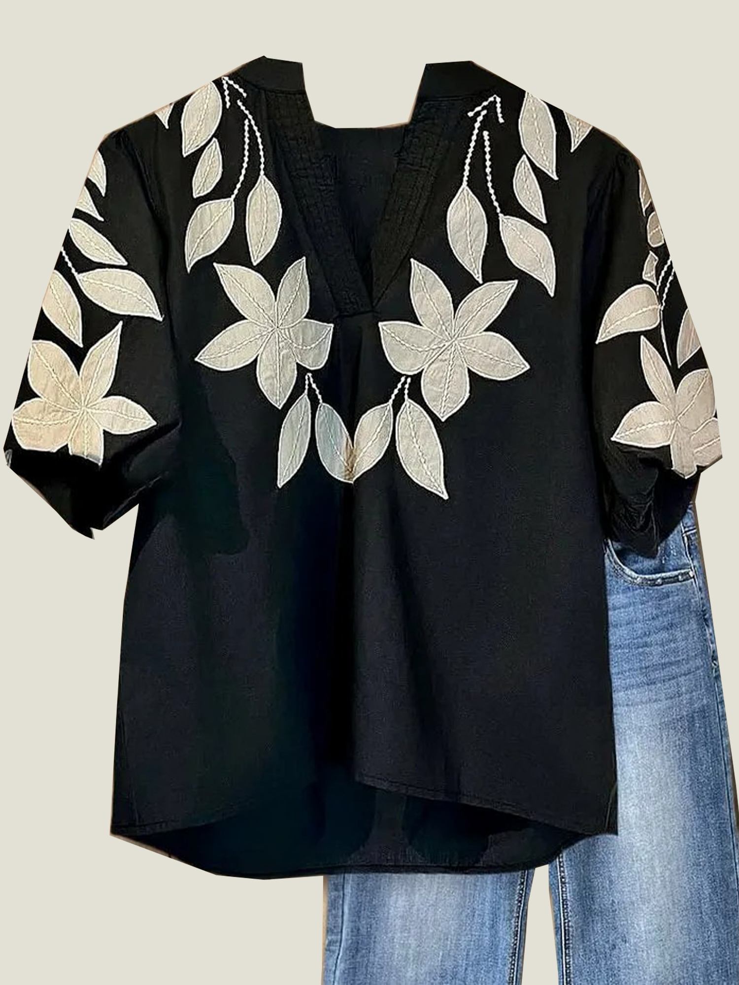 Women's V Neck Puff Sleeve Floral Embroidery  T-Shirt (Buy 2 Free Shipping)   