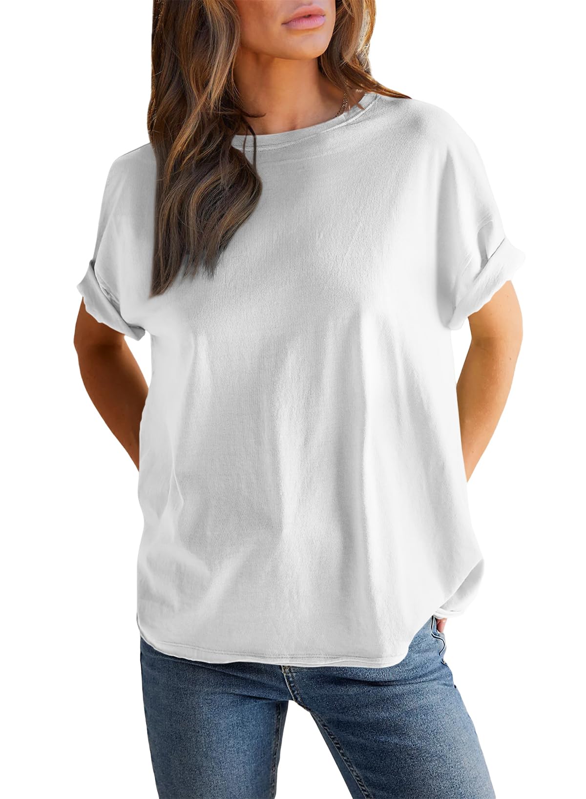 Round neck solid color short sleeve back spliced T-shirt cotton tee