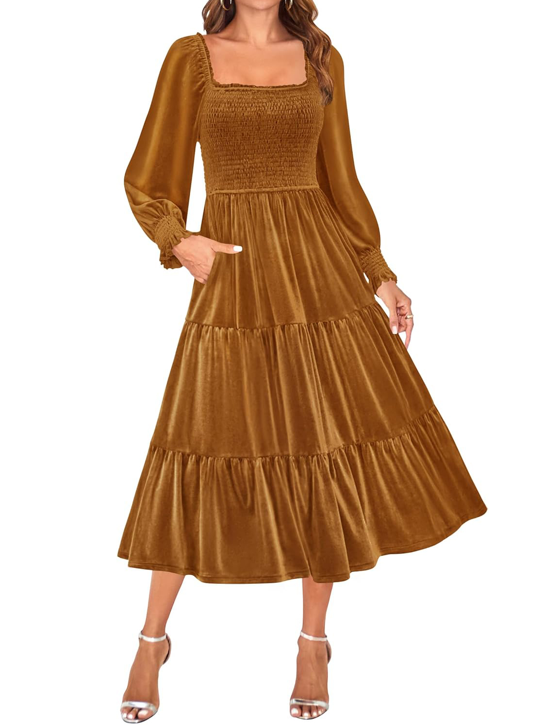 Square Neck Velvet Tiered Maxi Dress