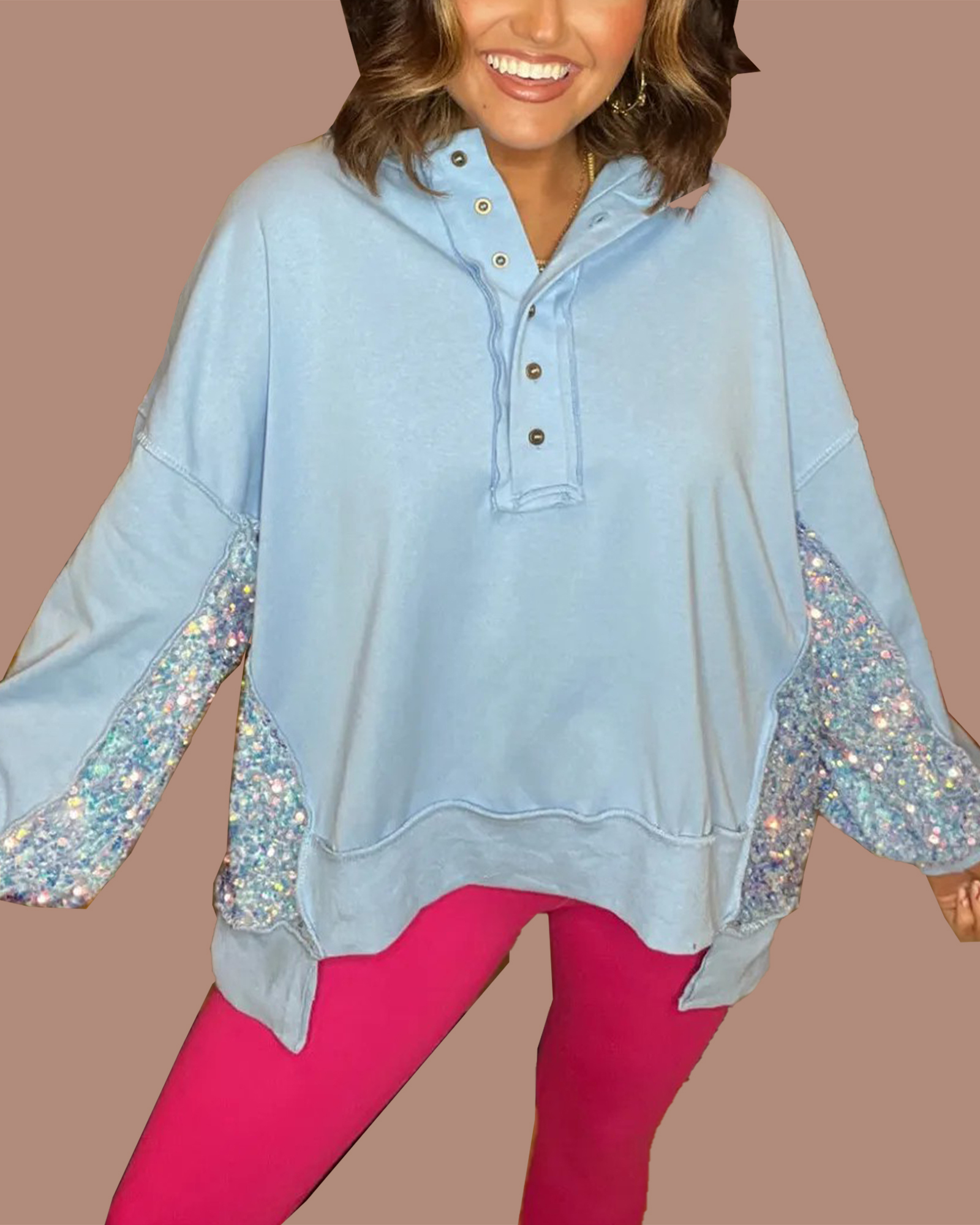 Women's Sequin Colorblock Henley Sweatshirt (Buy 2 Free Shipping)