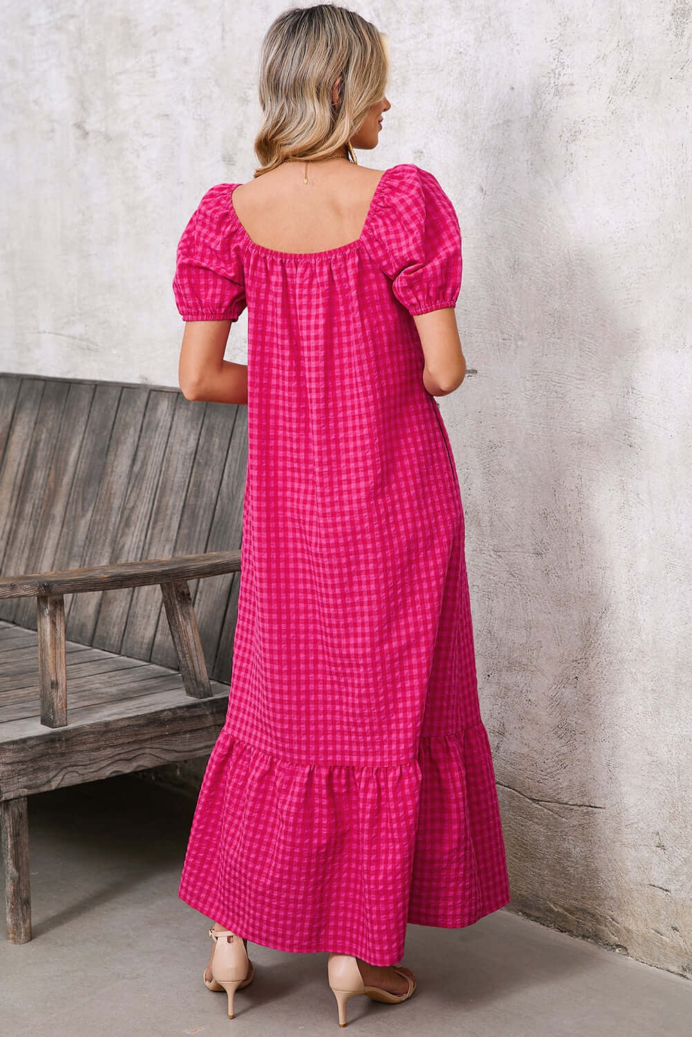 Women's Puff Sleeve Square Neck Check Maxi Dress（Buy 2 Free Shipping)