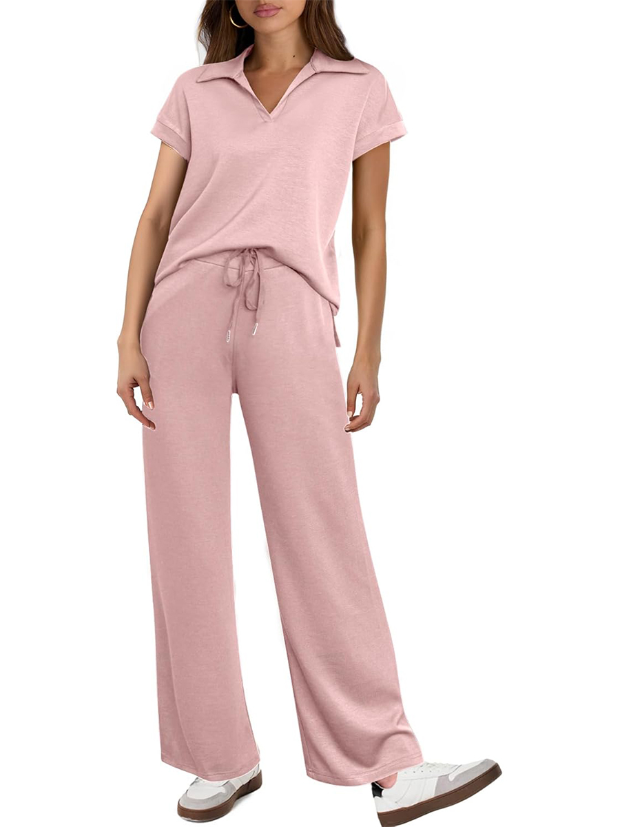 Women's Short Sleeve Top and Drawsting Widw LEGPants 2 Piece Lounge Set Tracksuit