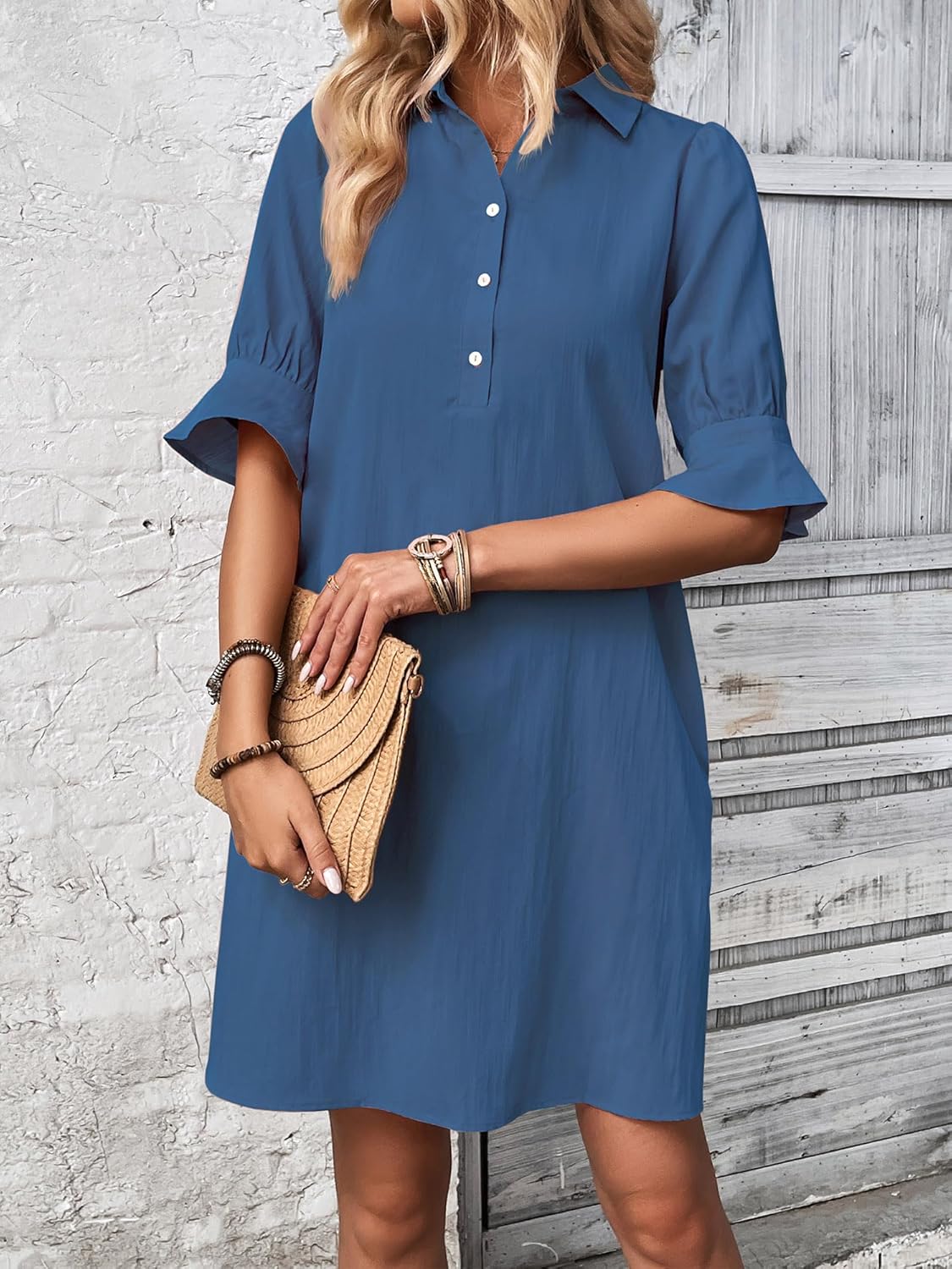 Women's Casual  Ruffle Sleeve Button Down Shirt Dress(Buy 2 Free Shipping)