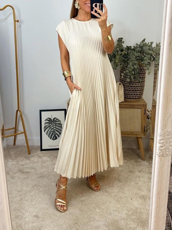 Cap Sleeve Pleated Flowy Swing Maxi Dress (Buy 2 Free Shipping)