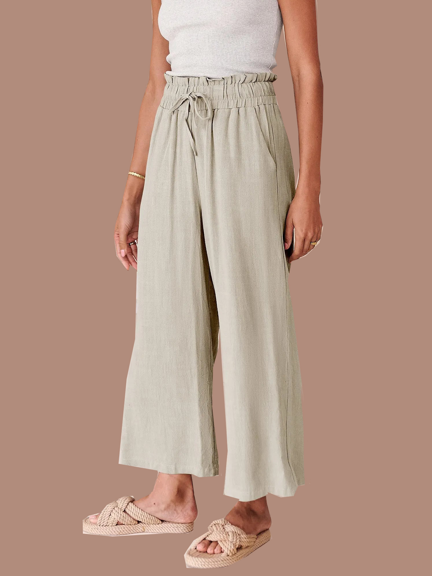  Women's High Waist Drawstring Wide Leg Linen Pants