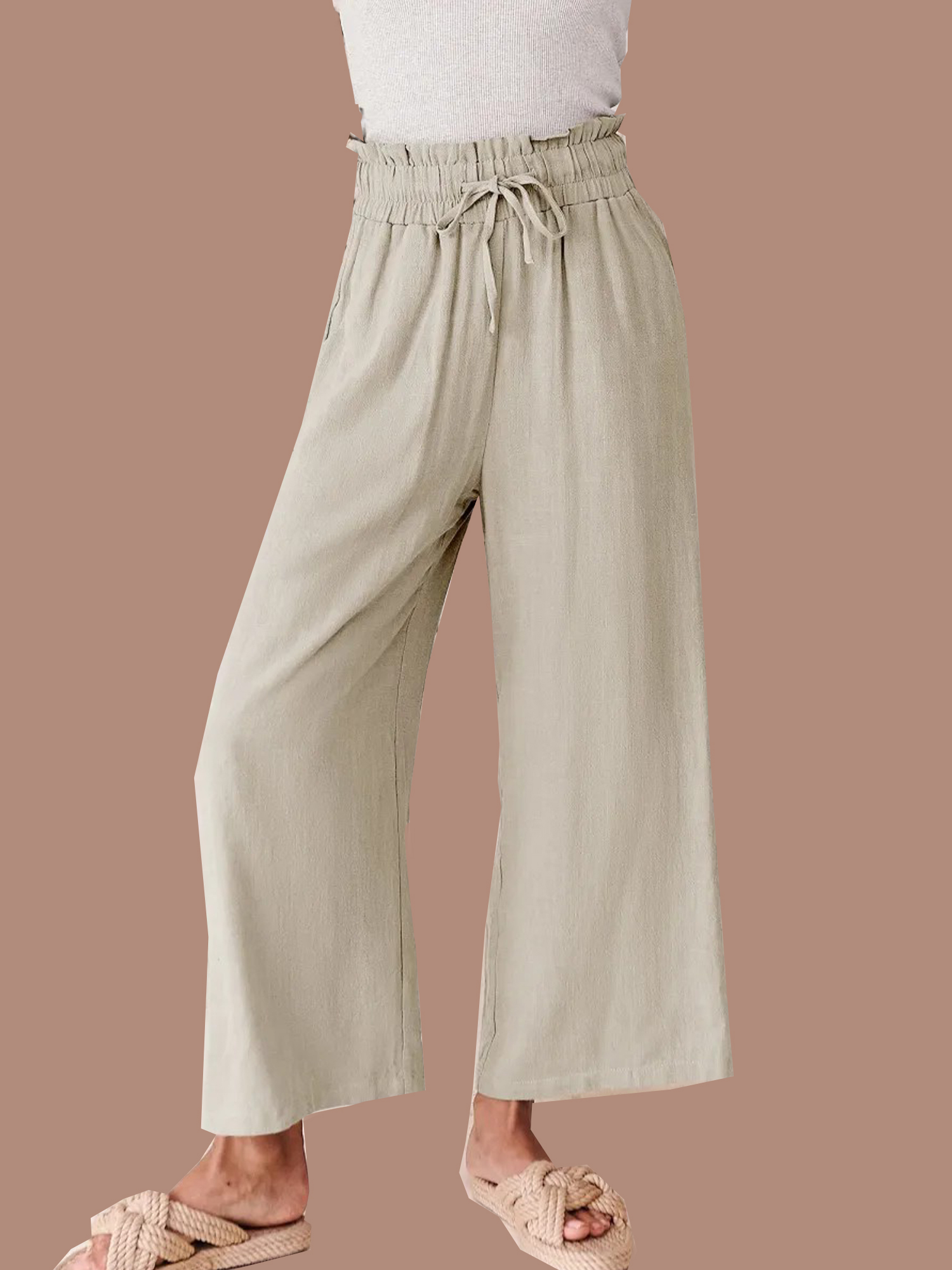  Women's High Waist Drawstring Wide Leg Linen Pants