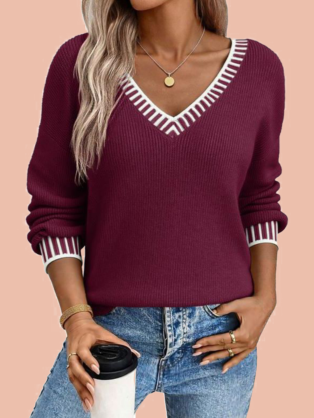 Women's V neck Long Sleeve Pullover Sweaters (Buy 2 Free Shipping)  